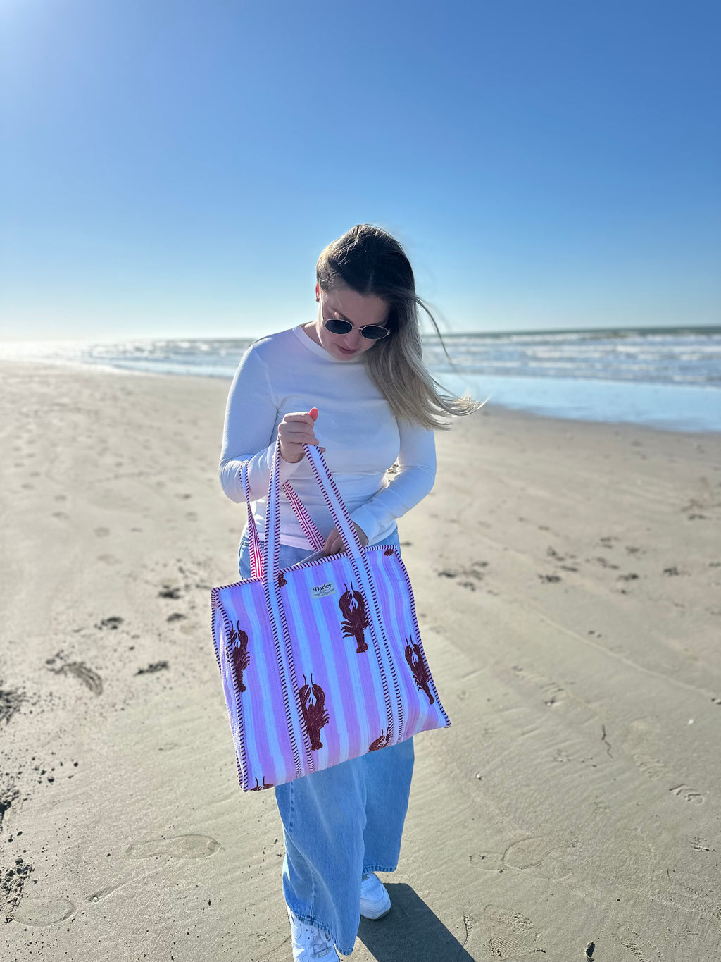Large Striped Lobster Zipped Tote Bag