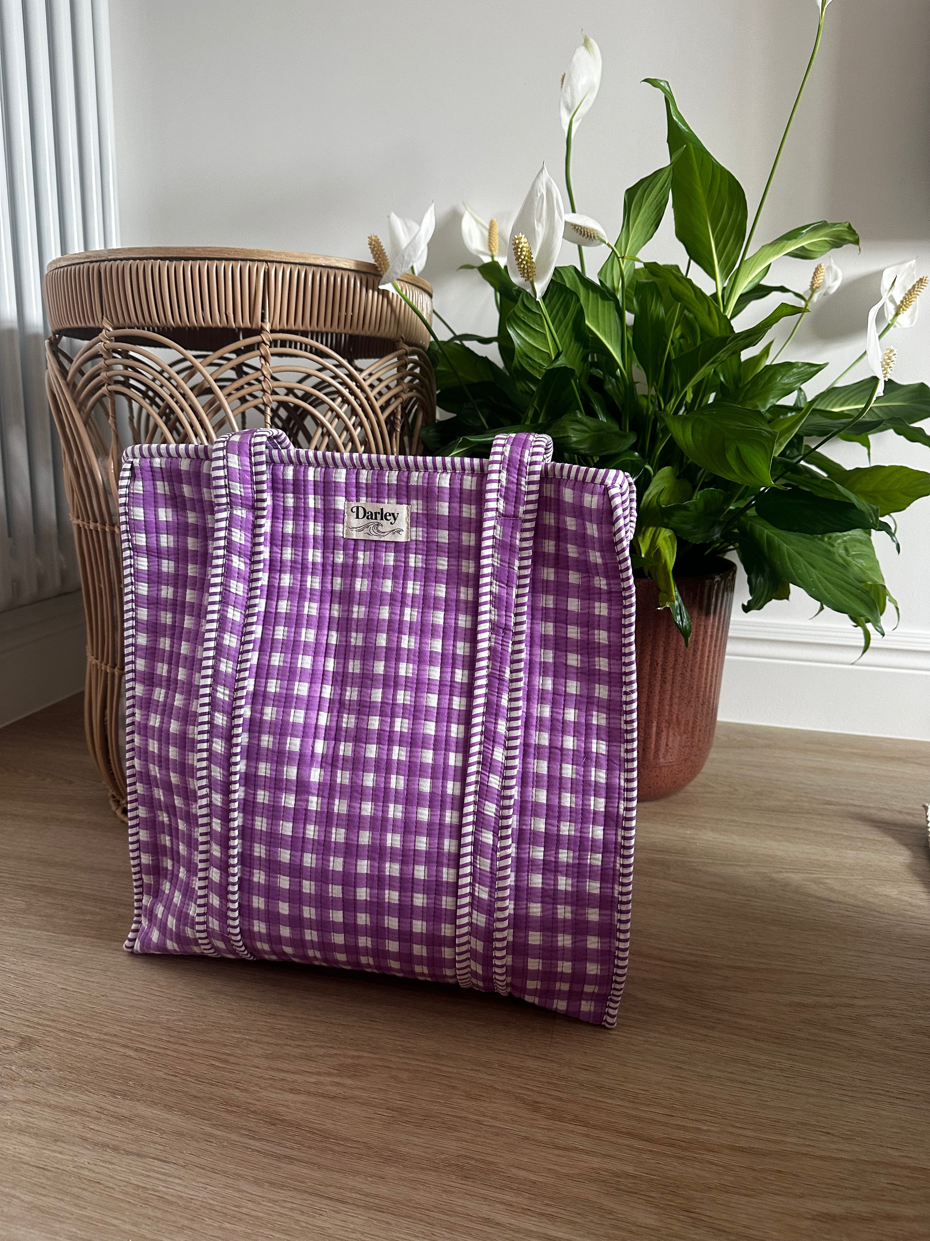 Purple Gingham Zipped Tote Bag