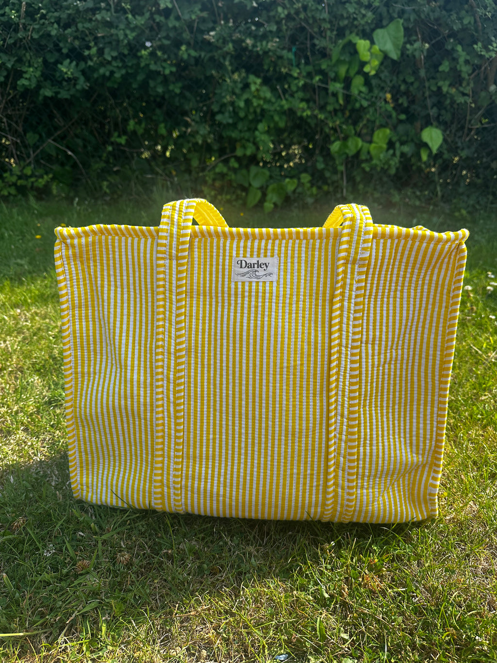 White and Yellow Stripped Zip Tote Bag