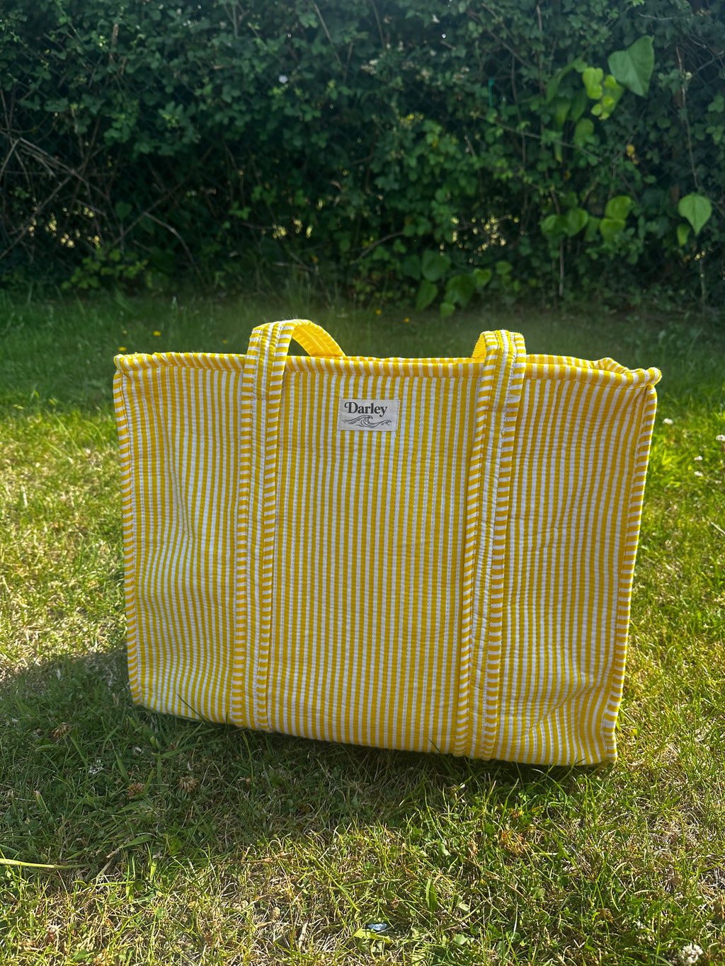 White and Yellow Stripped Zip Tote Bag