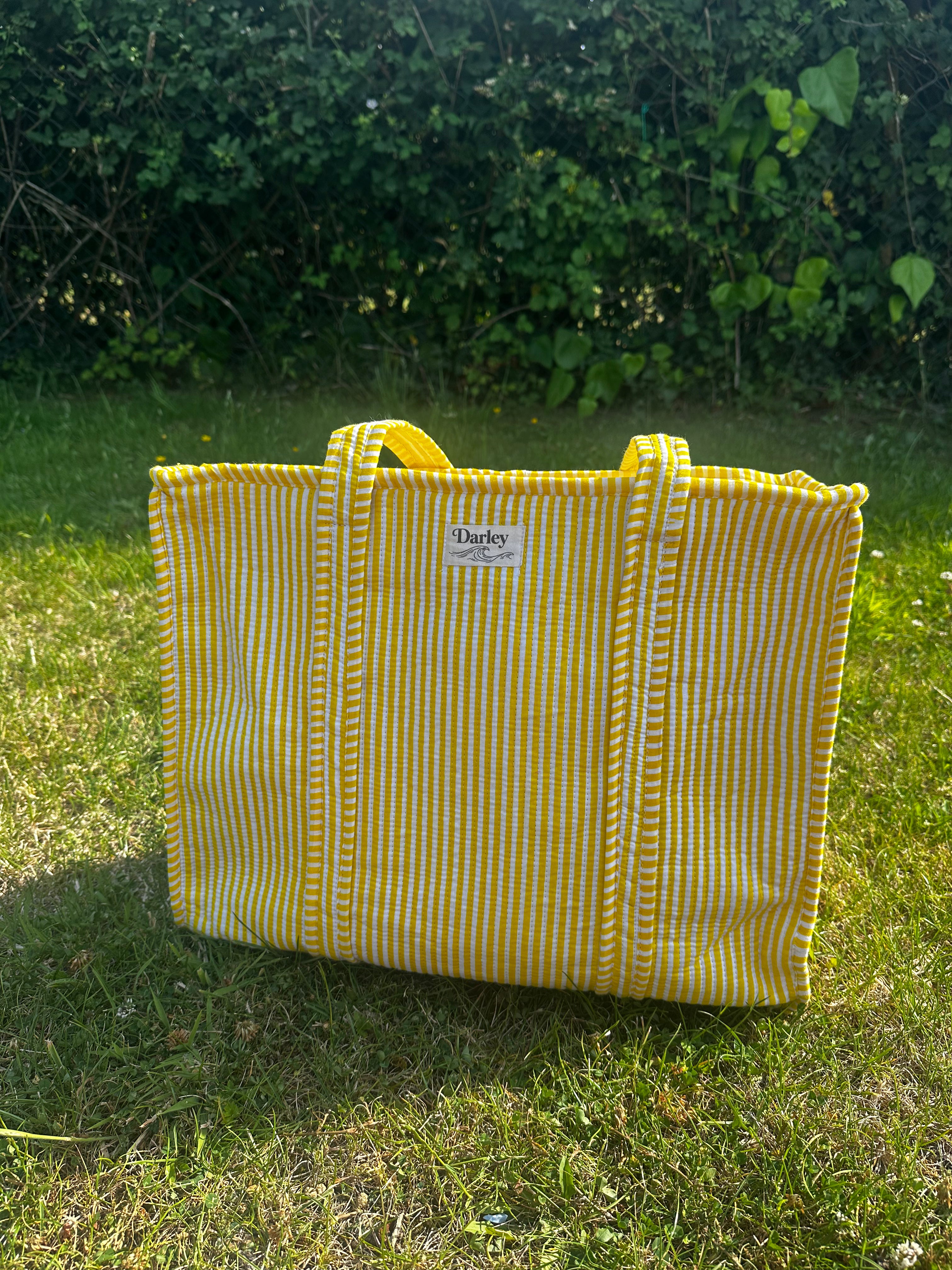 White and Yellow Stripped Zip Tote Bag