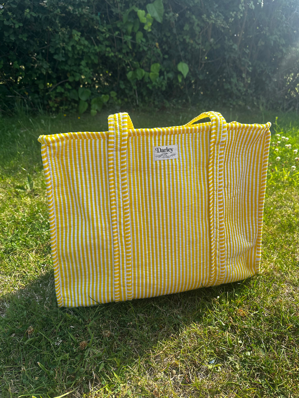 White and Yellow Stripped Zip Tote Bag