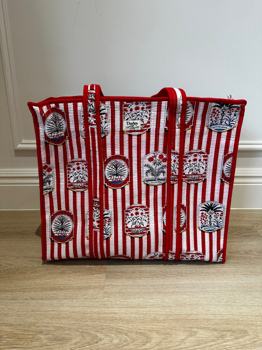 Large Red Striped Zipped Tote Bag