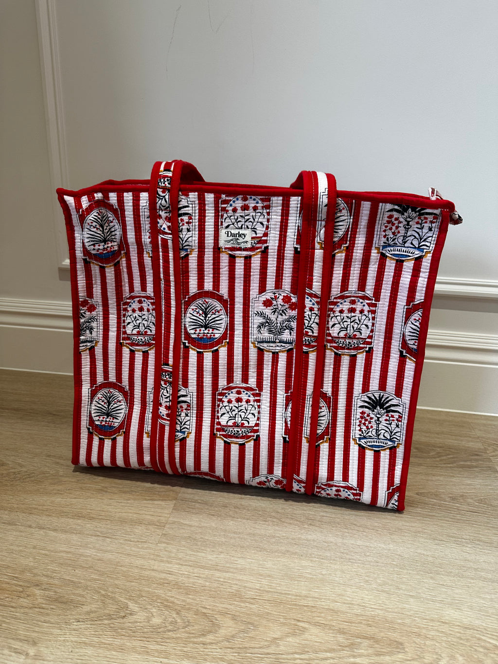 Large Red Striped Zipped Tote Bag