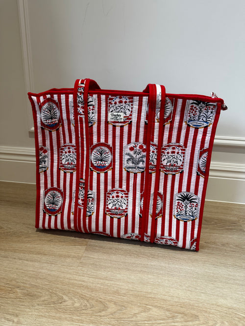Large Red Striped Zipped Tote Bag