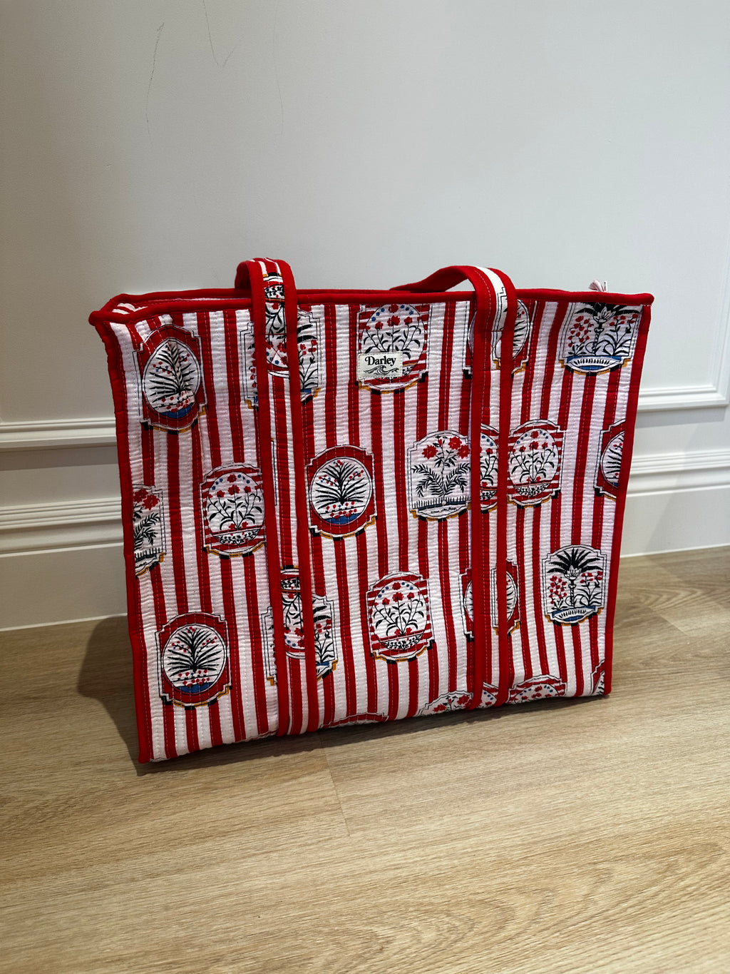 Large Red Striped Zipped Tote Bag