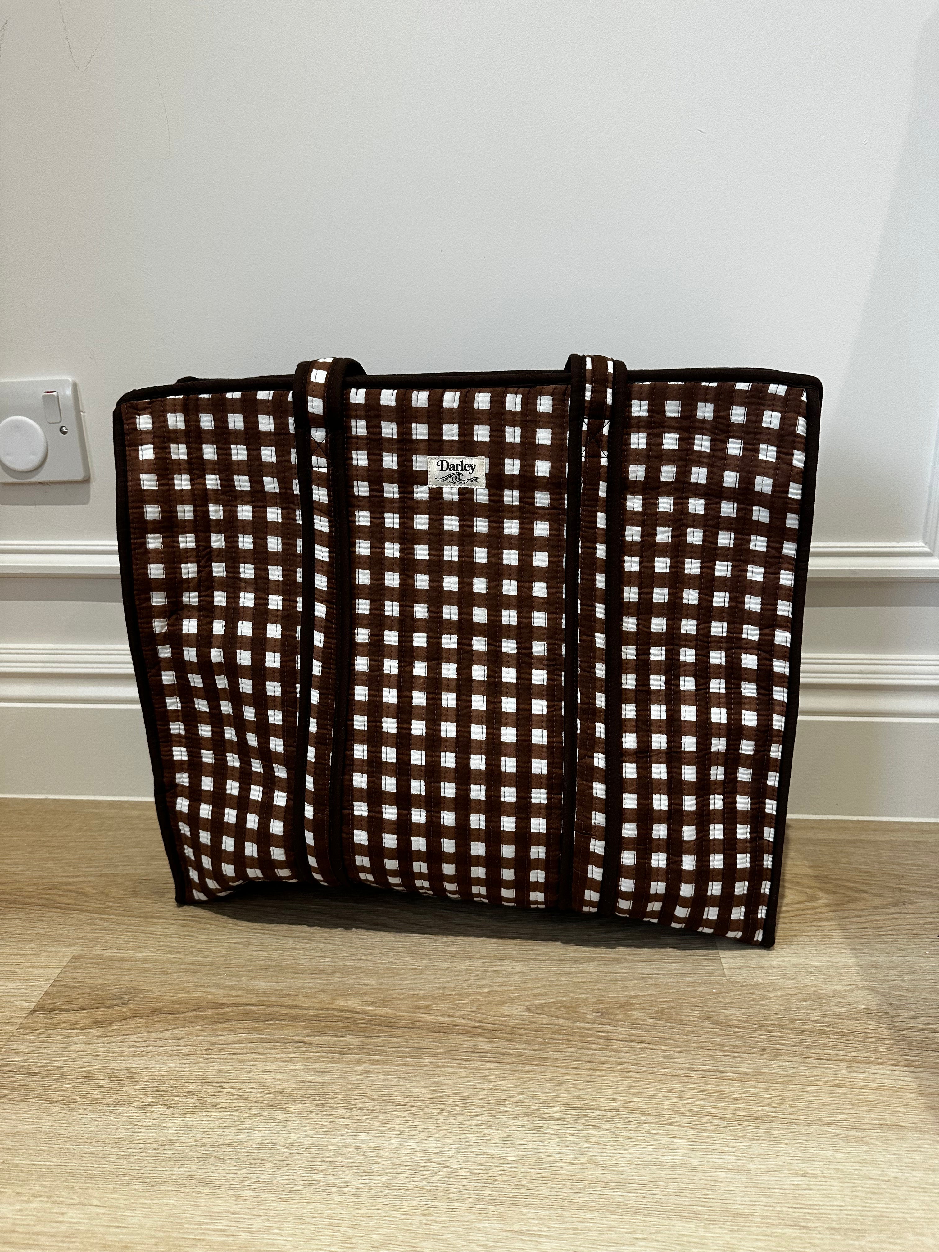 Large Brown gingham zipped tote bag