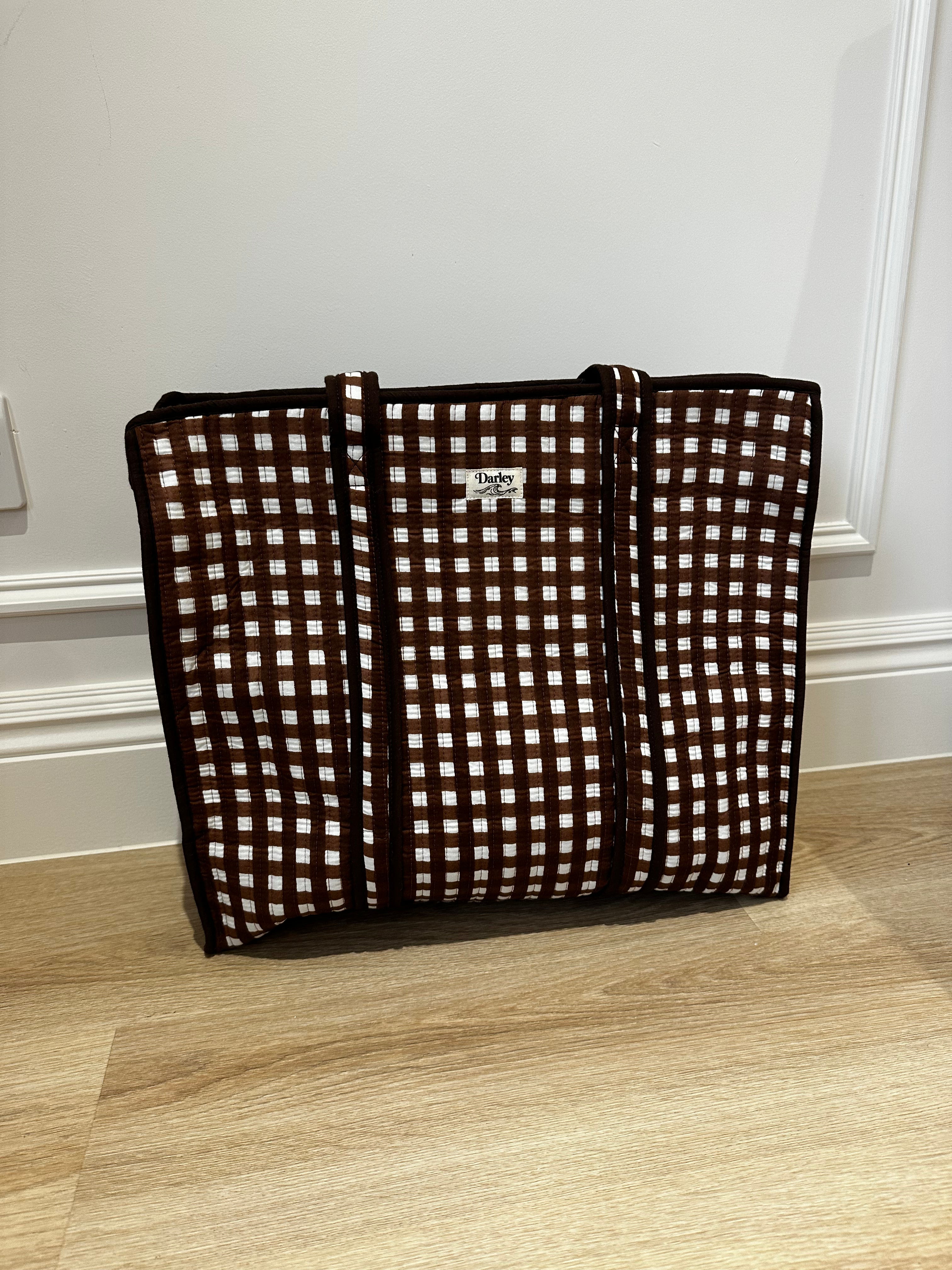 Large Brown gingham zipped tote bag