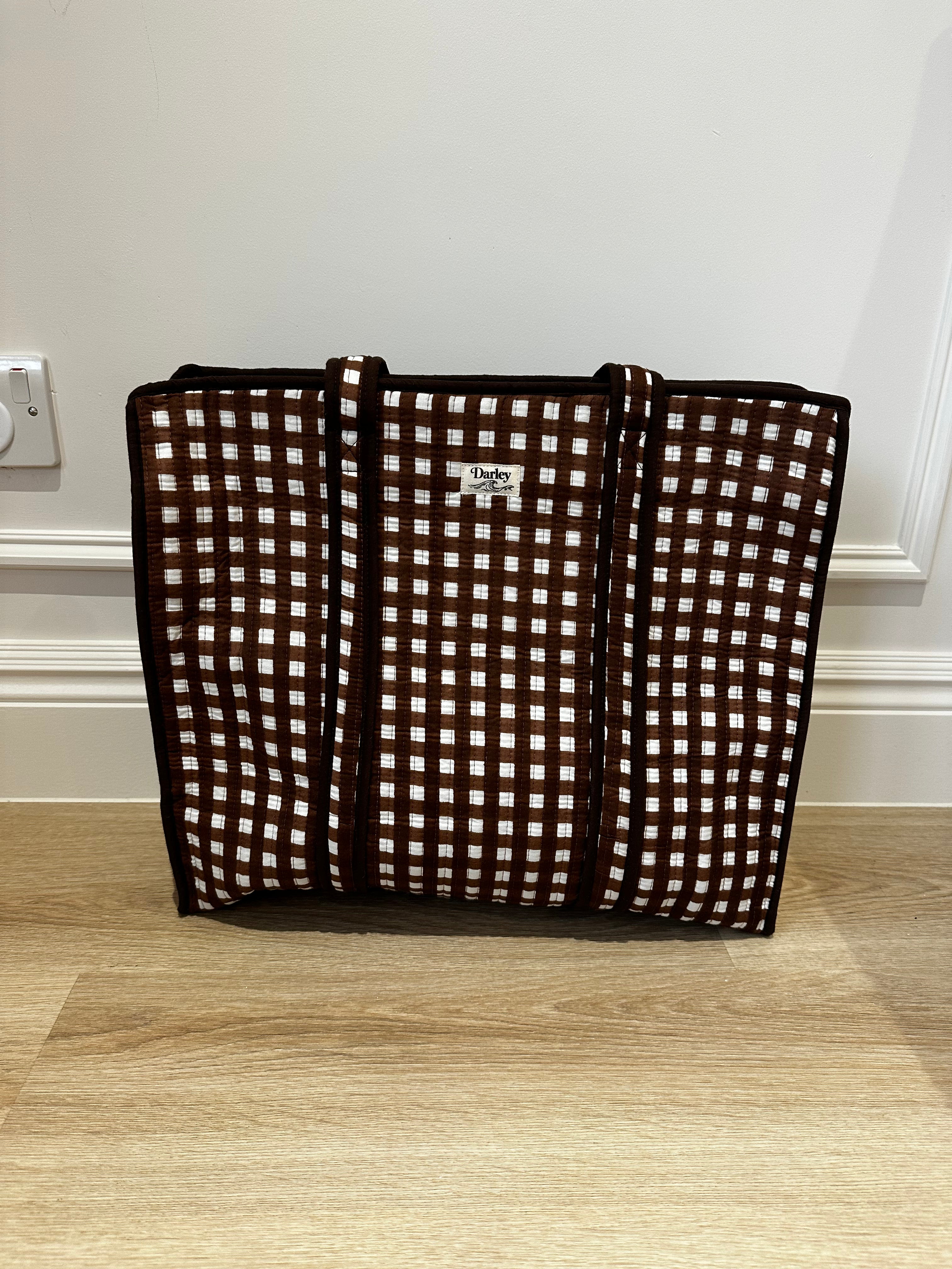 Large Brown gingham zipped tote bag