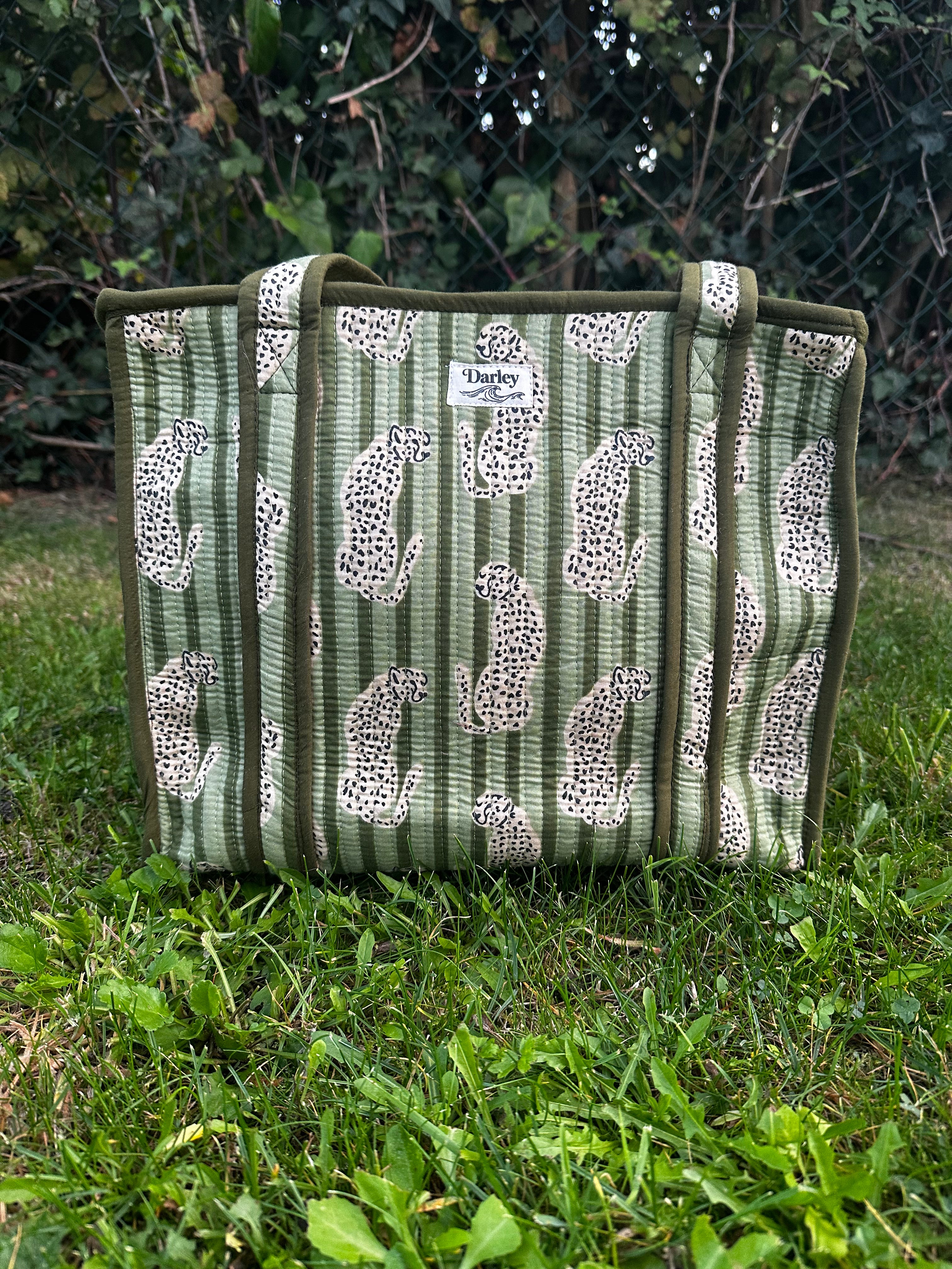 Midi Green Striped with Leopard Zipped Tote Bag