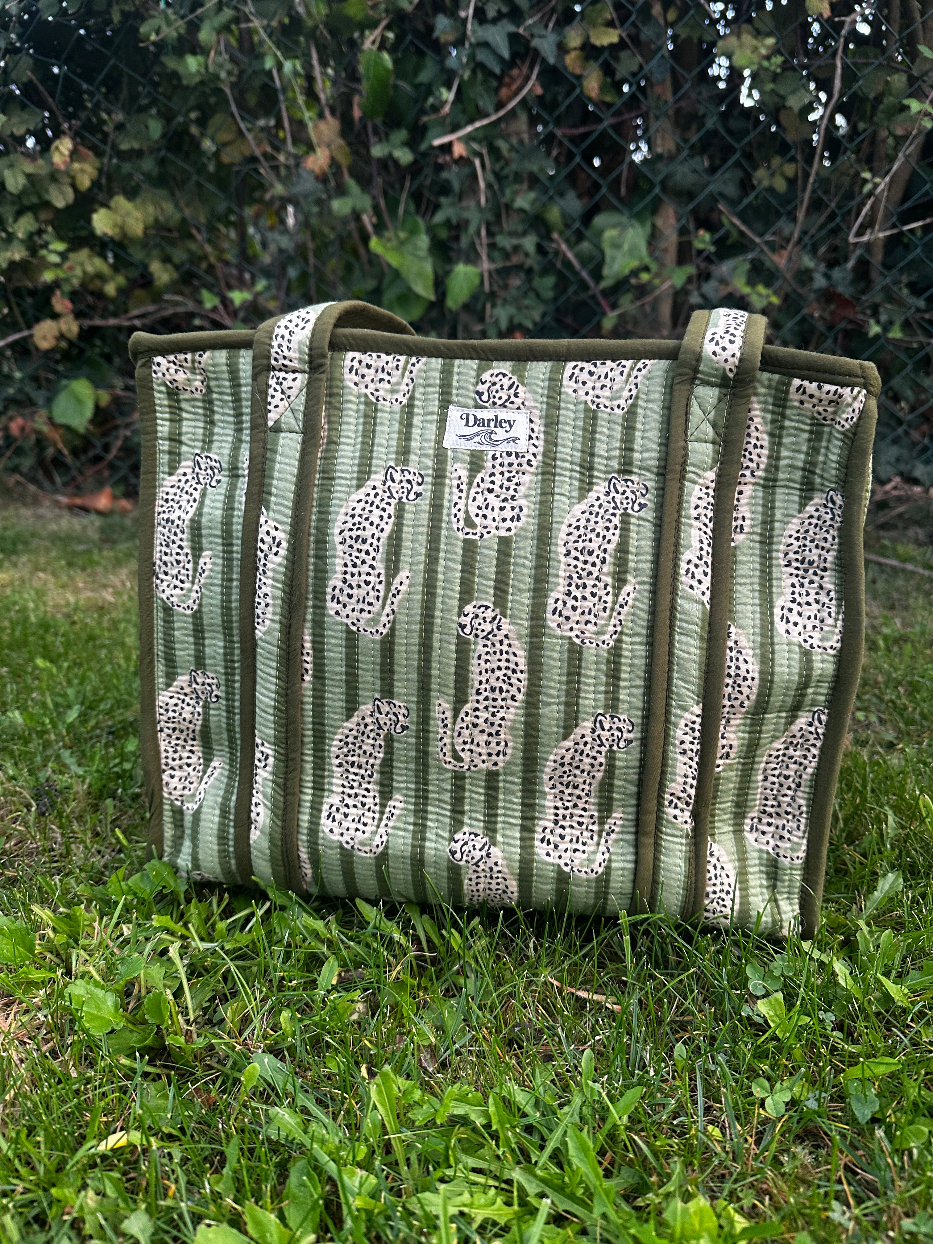 Midi Green Striped with Leopard Zipped Tote Bag