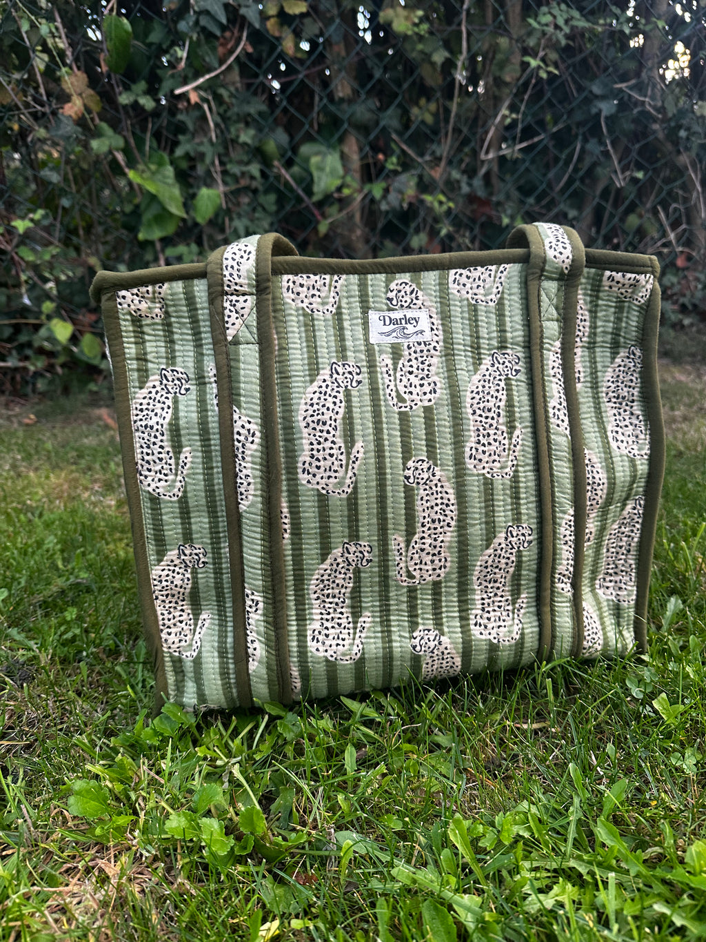 Midi Green Striped with Leopard Zipped Tote Bag
