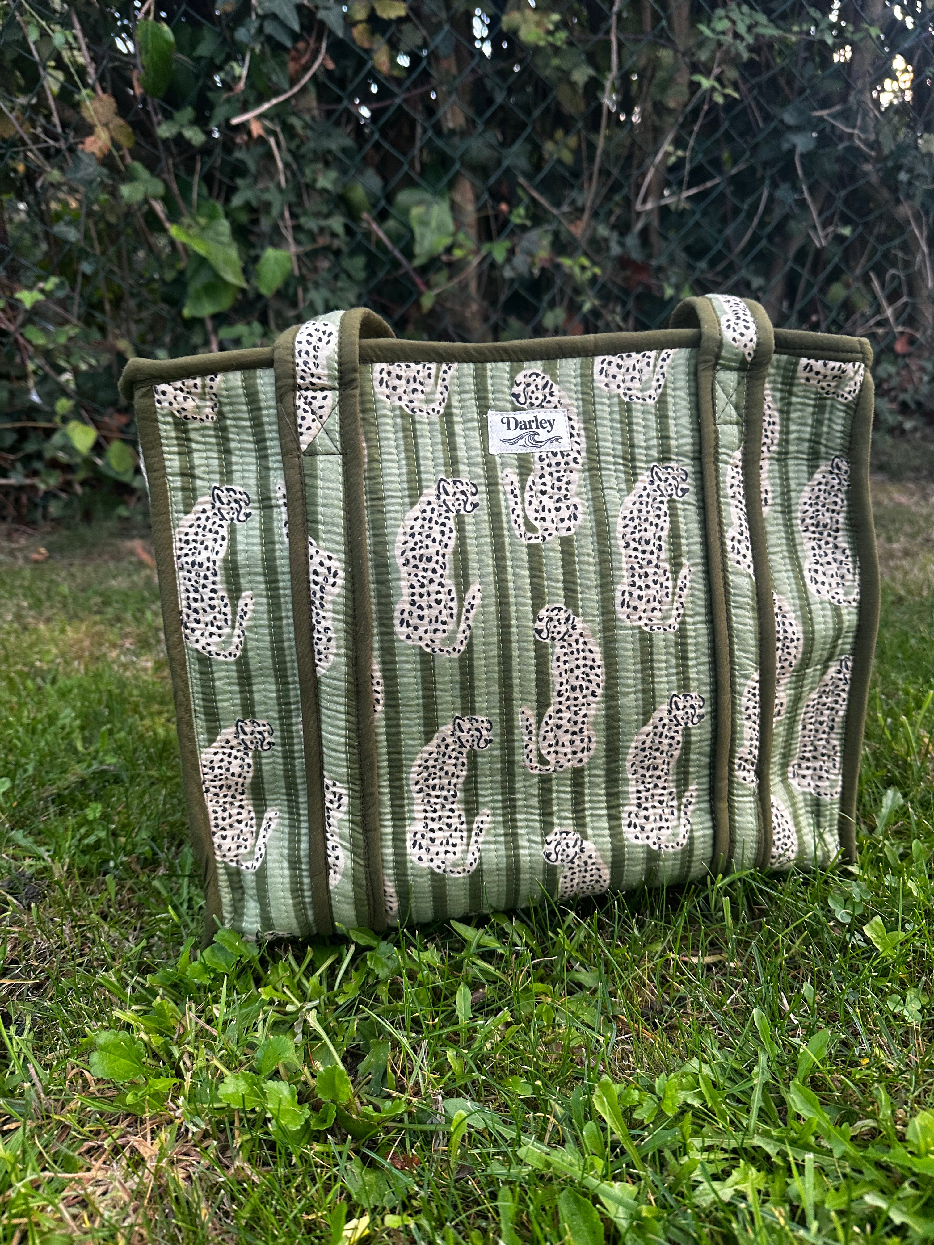 Midi Green Striped with Leopard Zipped Tote Bag
