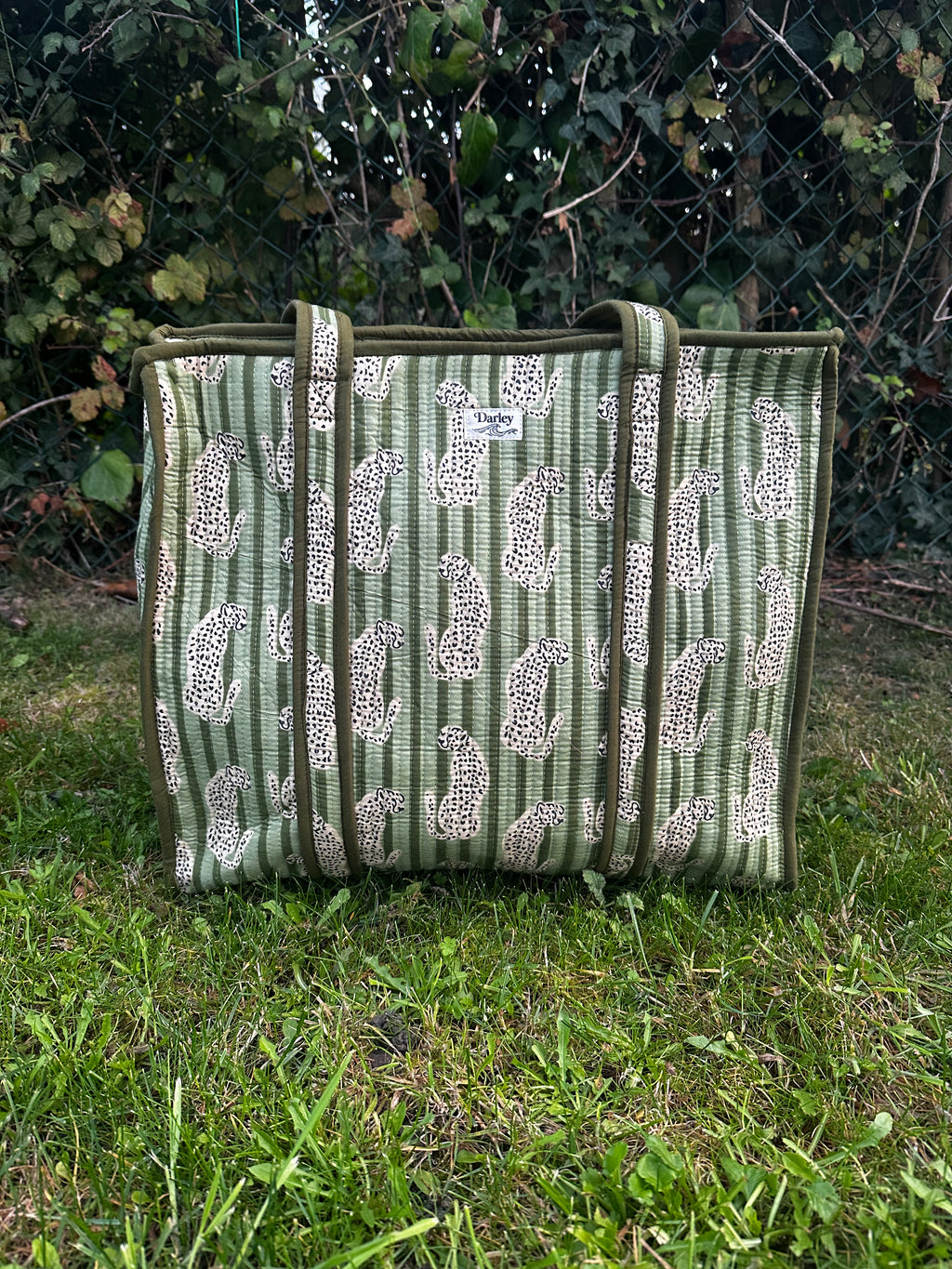 Large Green Stripe with Leopard Zipped Tote Bag
