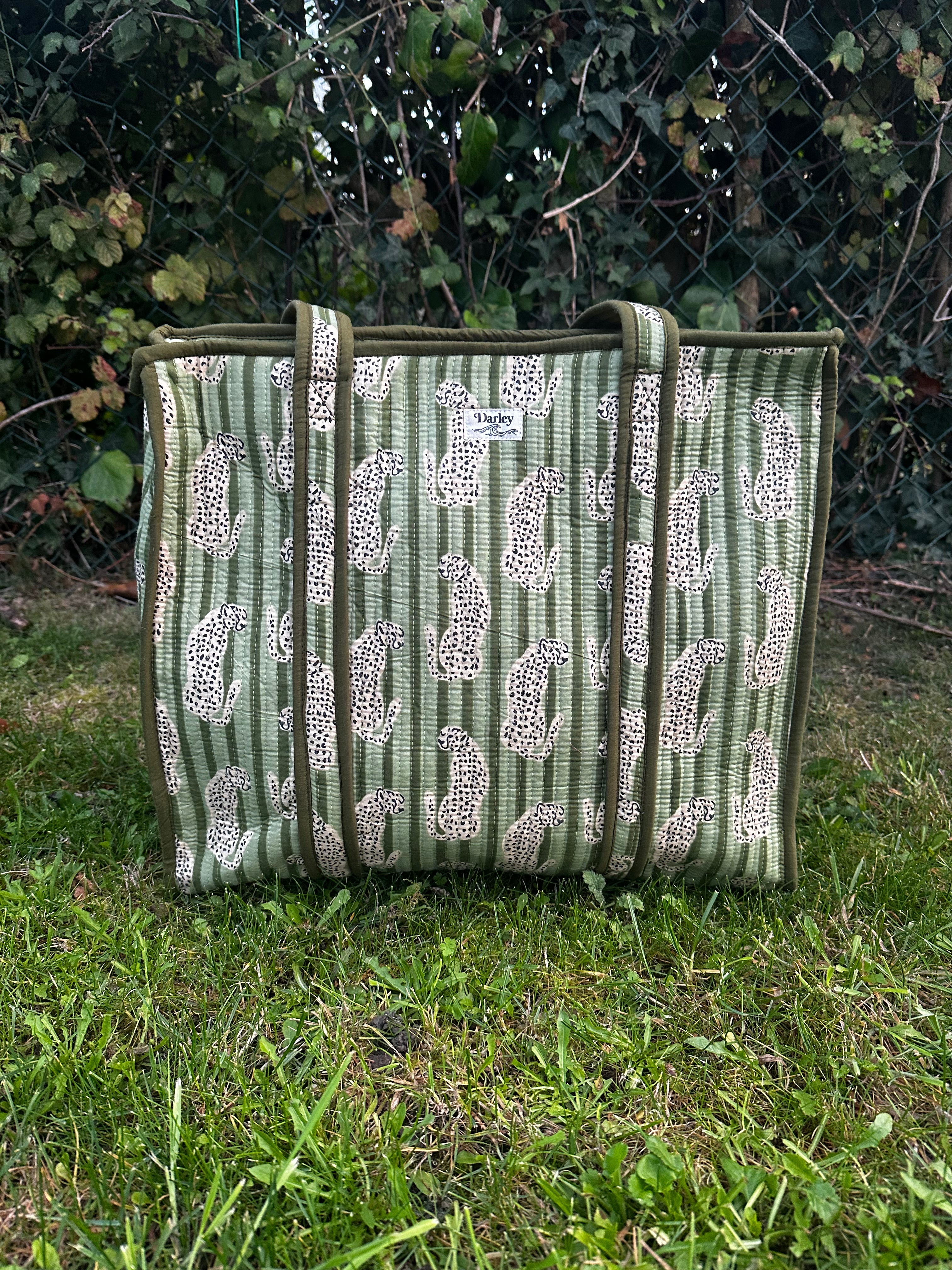 Large Green Stripe with Leopard Zipped Tote Bag