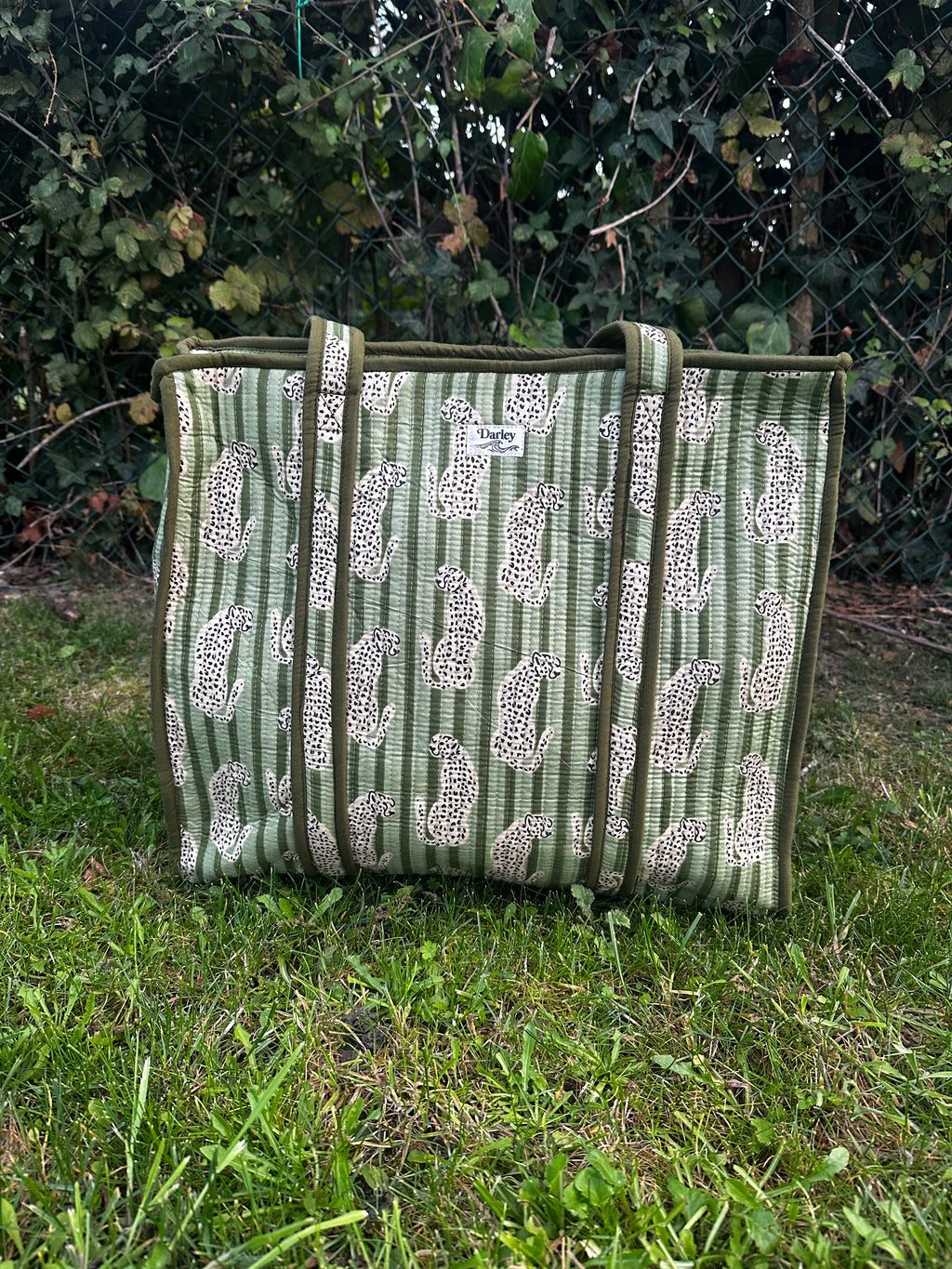 Large Green Stripe with Leopard Zipped Tote Bag