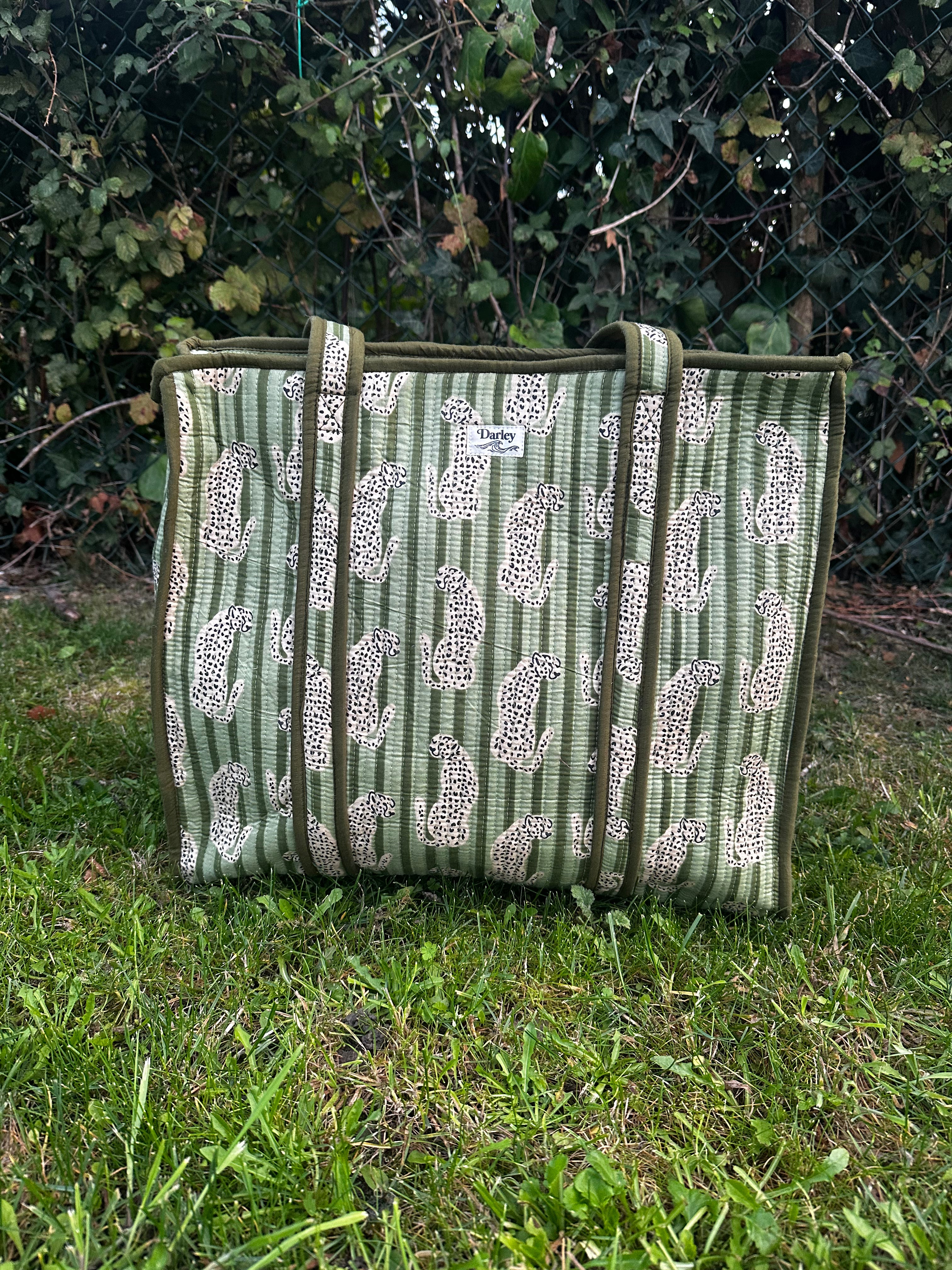 Large Green Stripe with Leopard Zipped Tote Bag