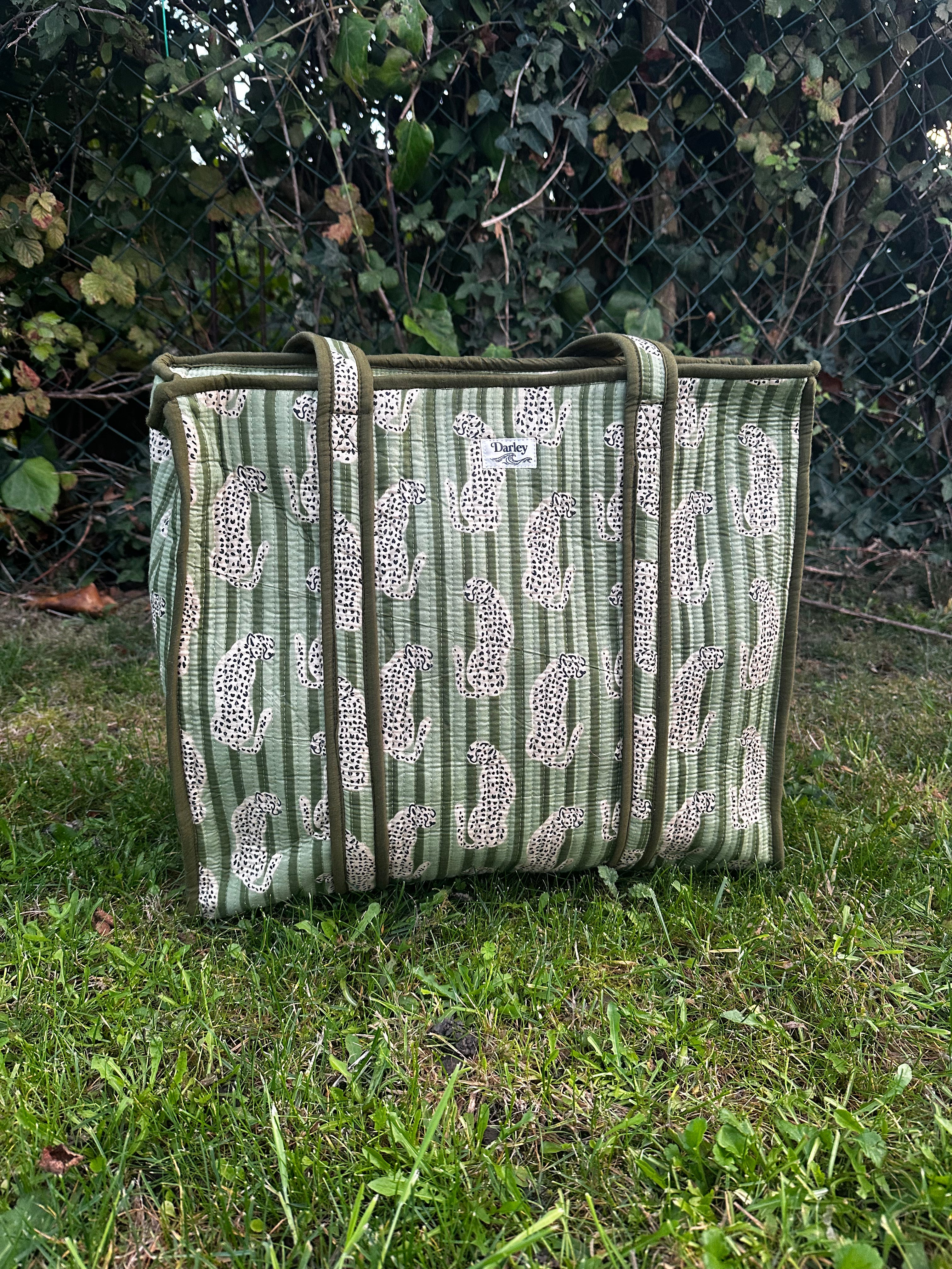 Large Green Stripe with Leopard Zipped Tote Bag