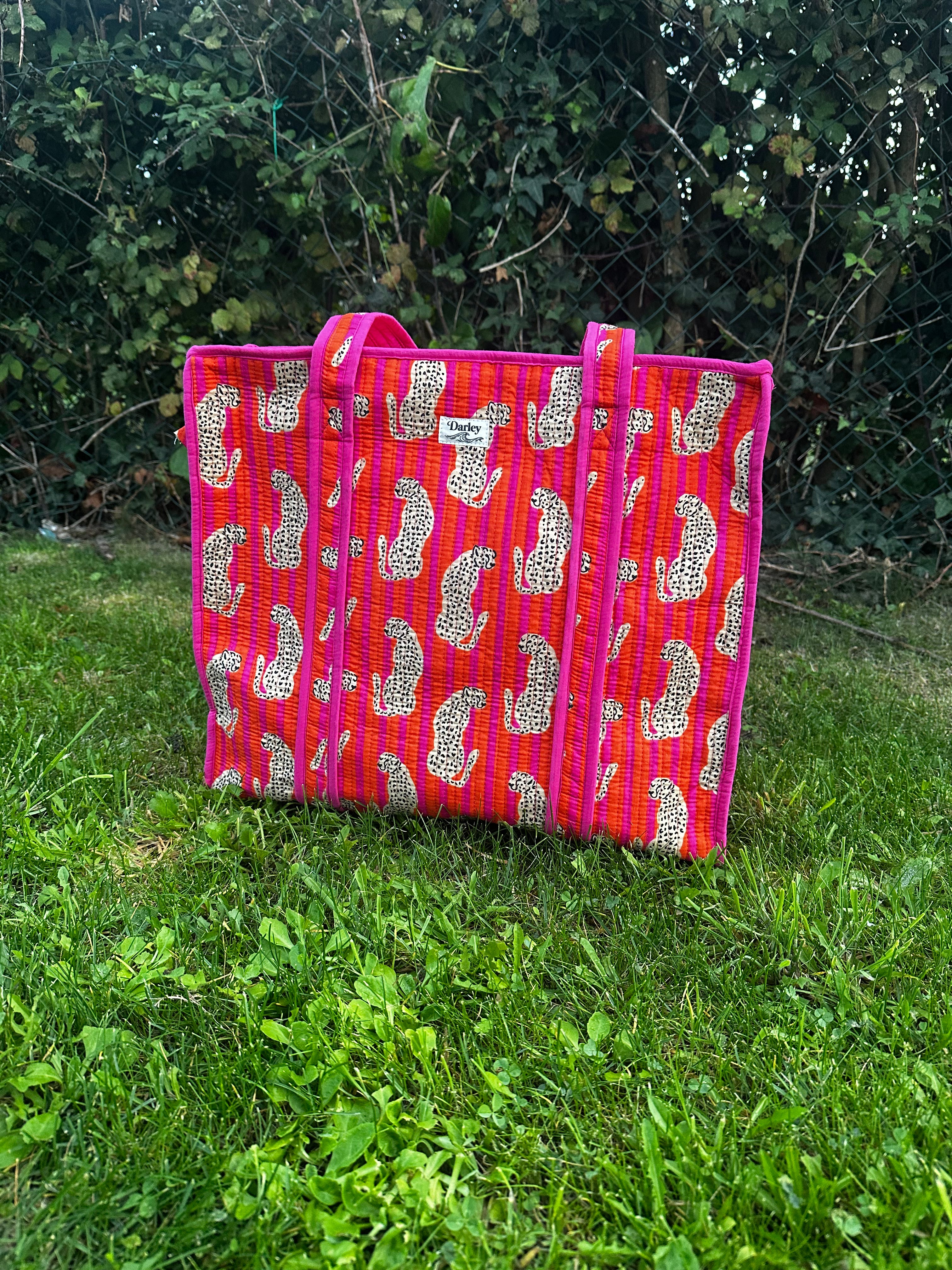 Large Orange and Pink Stripe with Leopard Zipped Tote Bag.