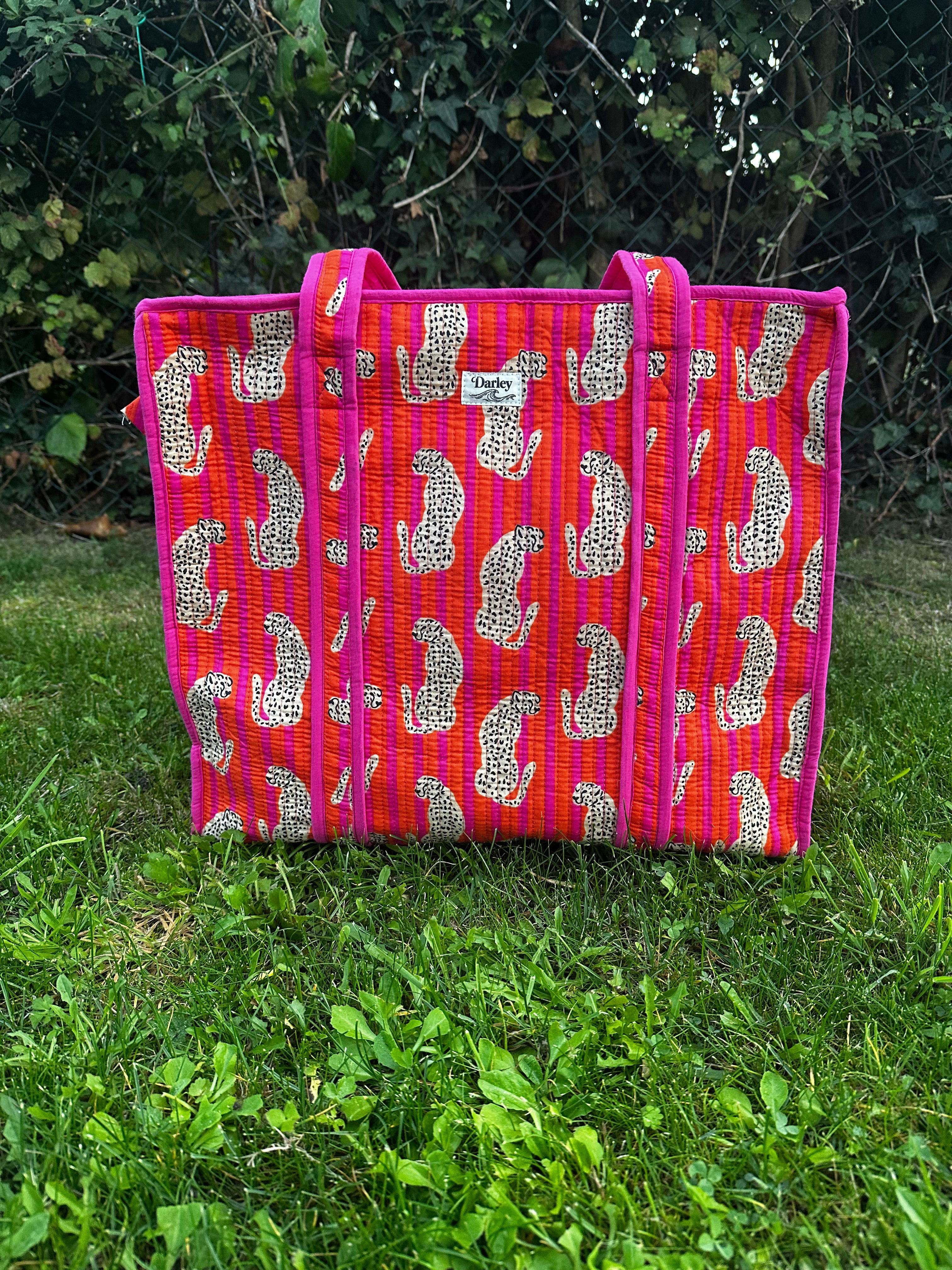Large Orange and Pink Stripe with Leopard Zipped Tote Bag.