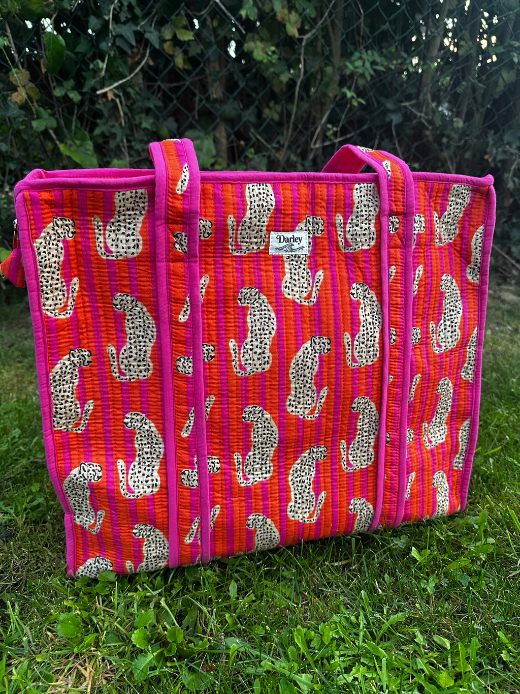 Large Orange and Pink Stripe with Leopard Zipped Tote Bag.