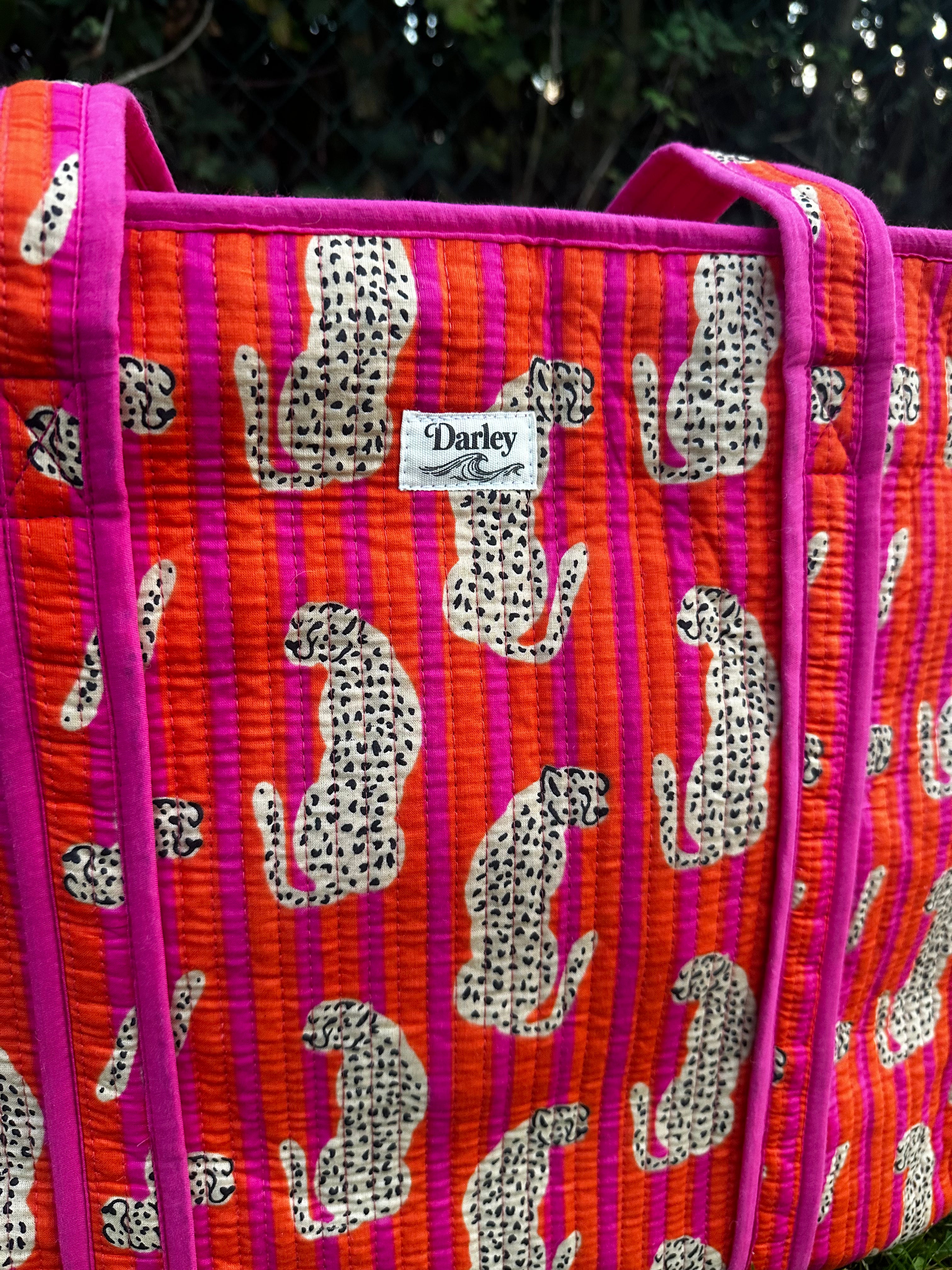 Large Orange and Pink Stripe with Leopard Zipped Tote Bag.