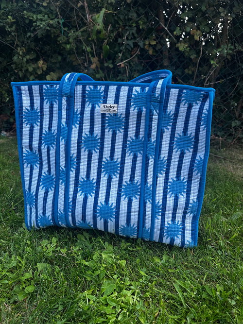 Large Blue Stripe and Sun Zipped Tote Bag