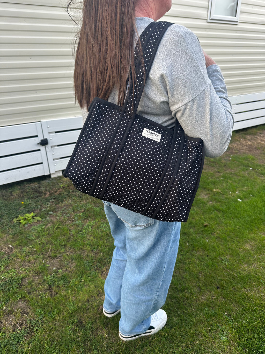 Midi Black Polka Dot Zipped Tote Bag