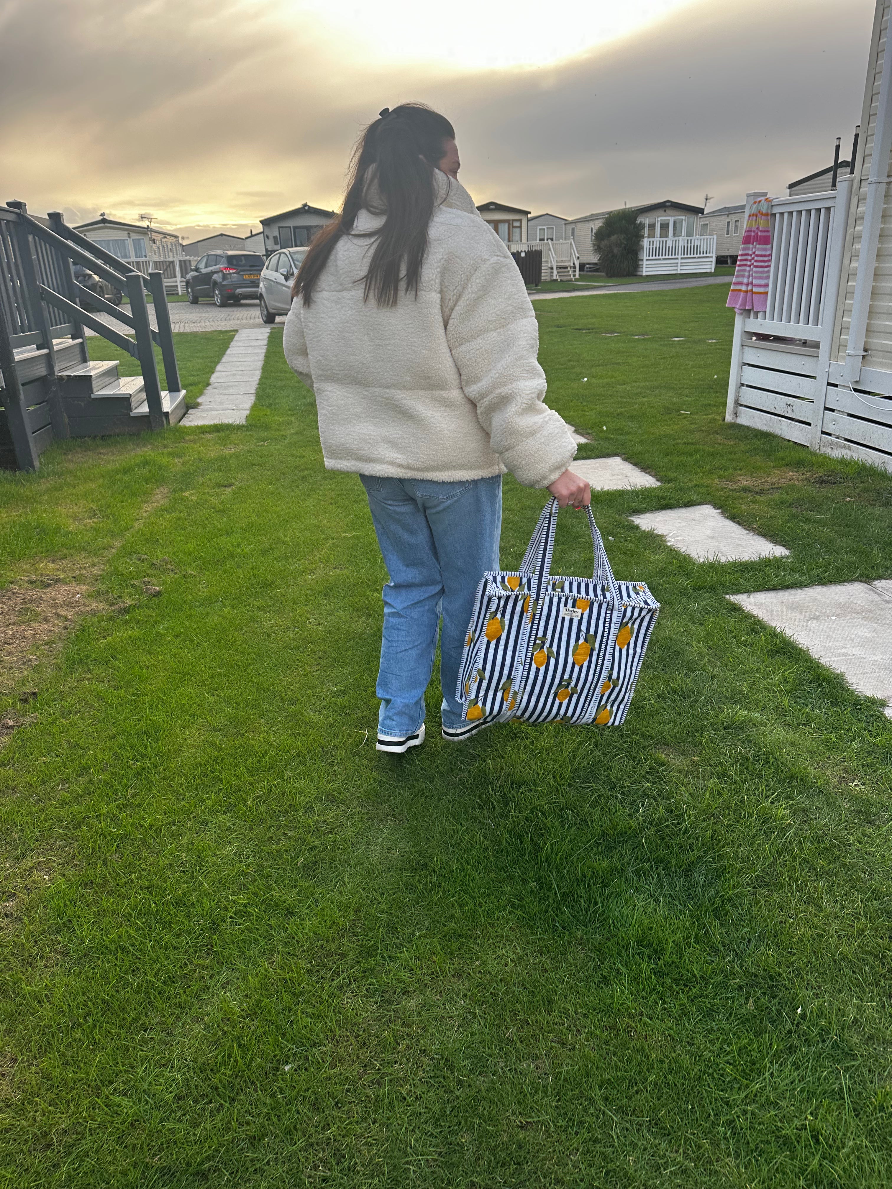 Large Blue Stripe and Lemon zipped tote bag