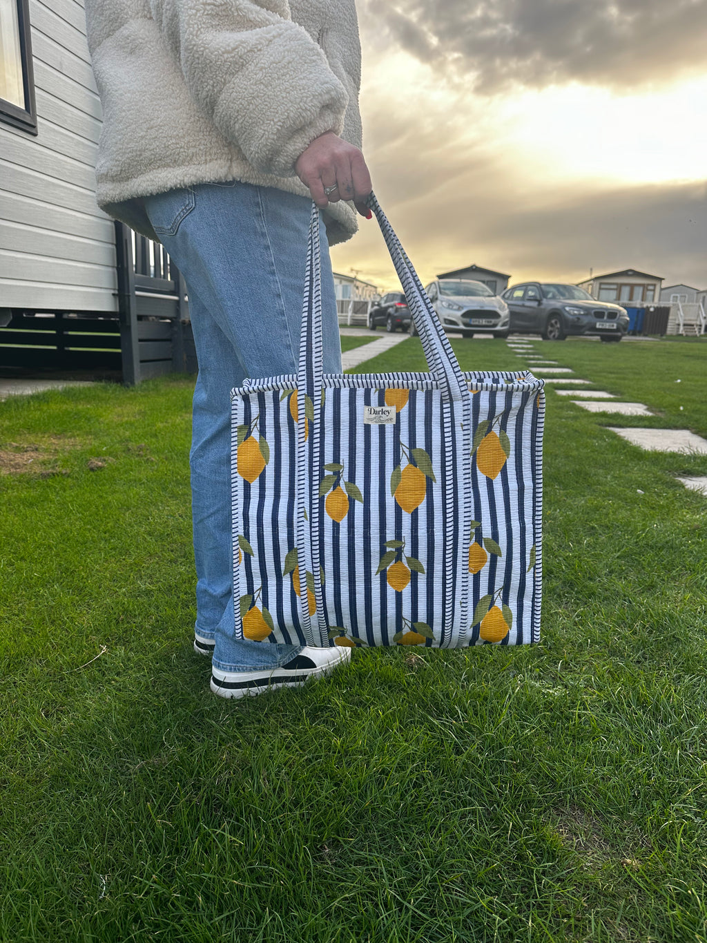 Large Blue Stripe and Lemon zipped tote bag