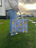 Large Blue Stripe and Lemon zipped tote bag