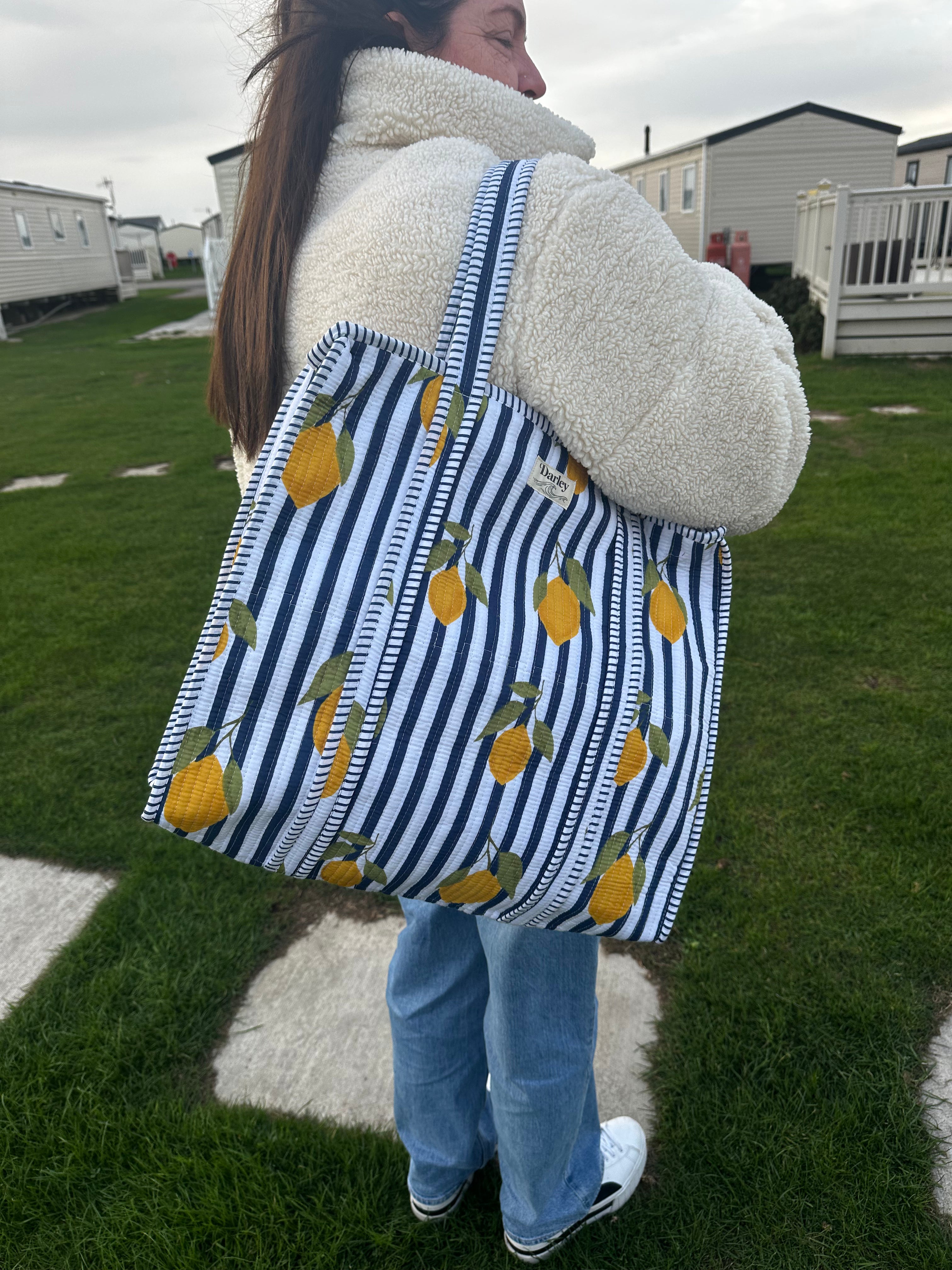 Large Blue Stripe and Lemon zipped tote bag