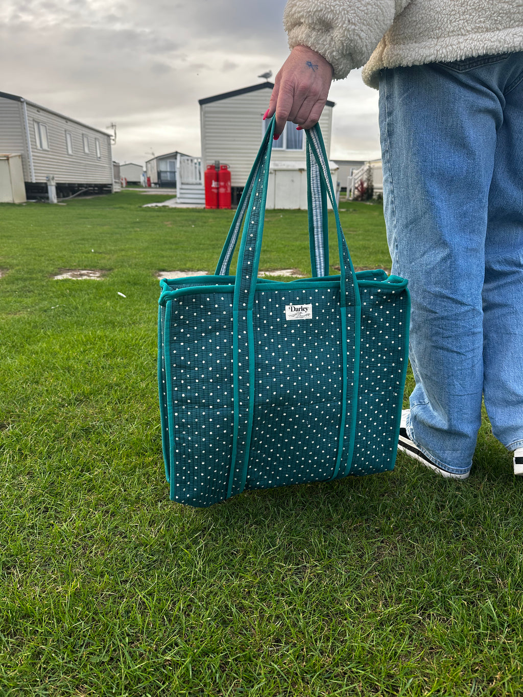 Large Teal Polka Dot Zipped Tote Bag
