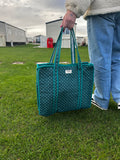 Large Teal Polka Dot Zipped Tote Bag