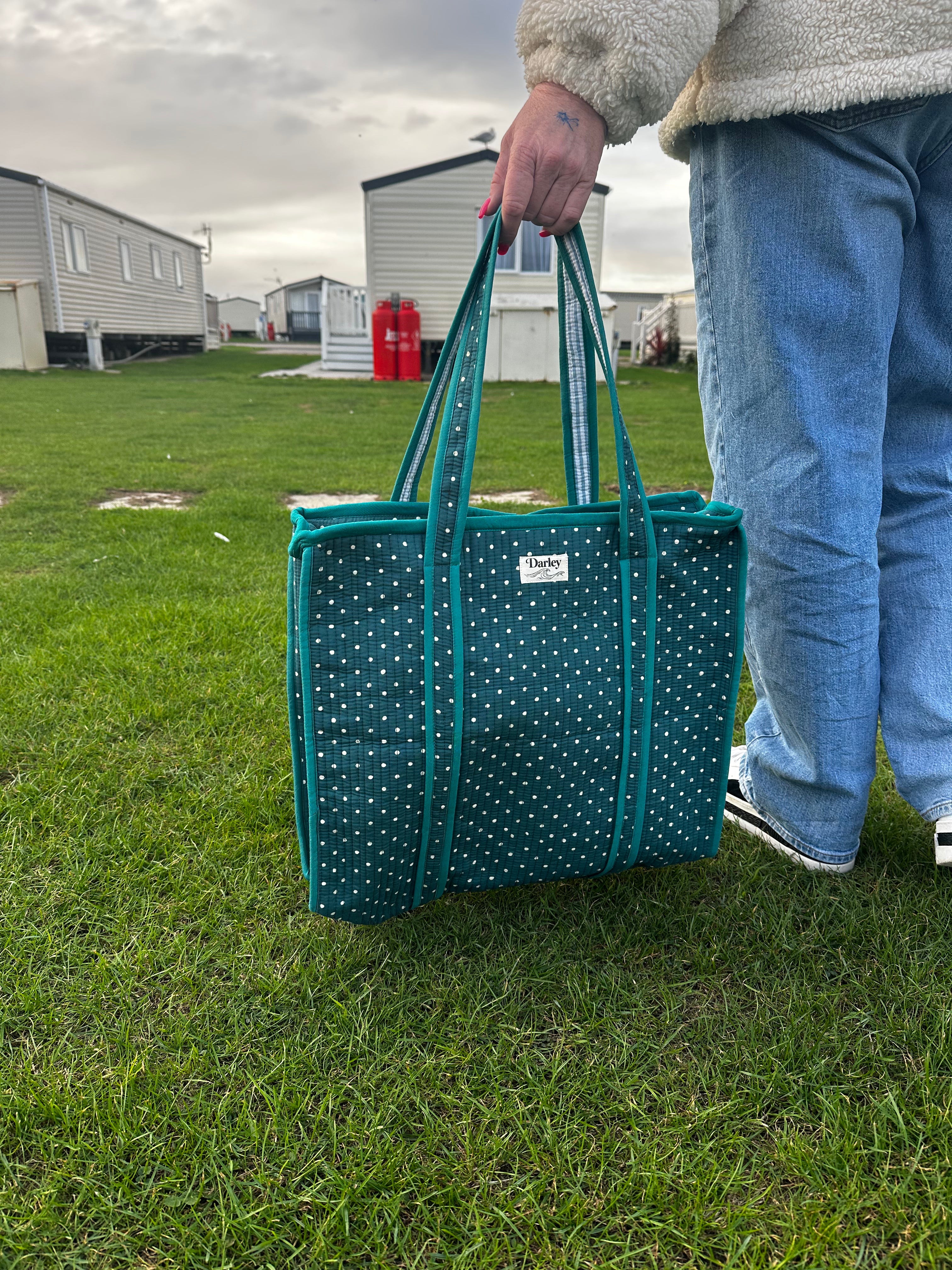 Large Teal Polka Dot Zipped Tote Bag