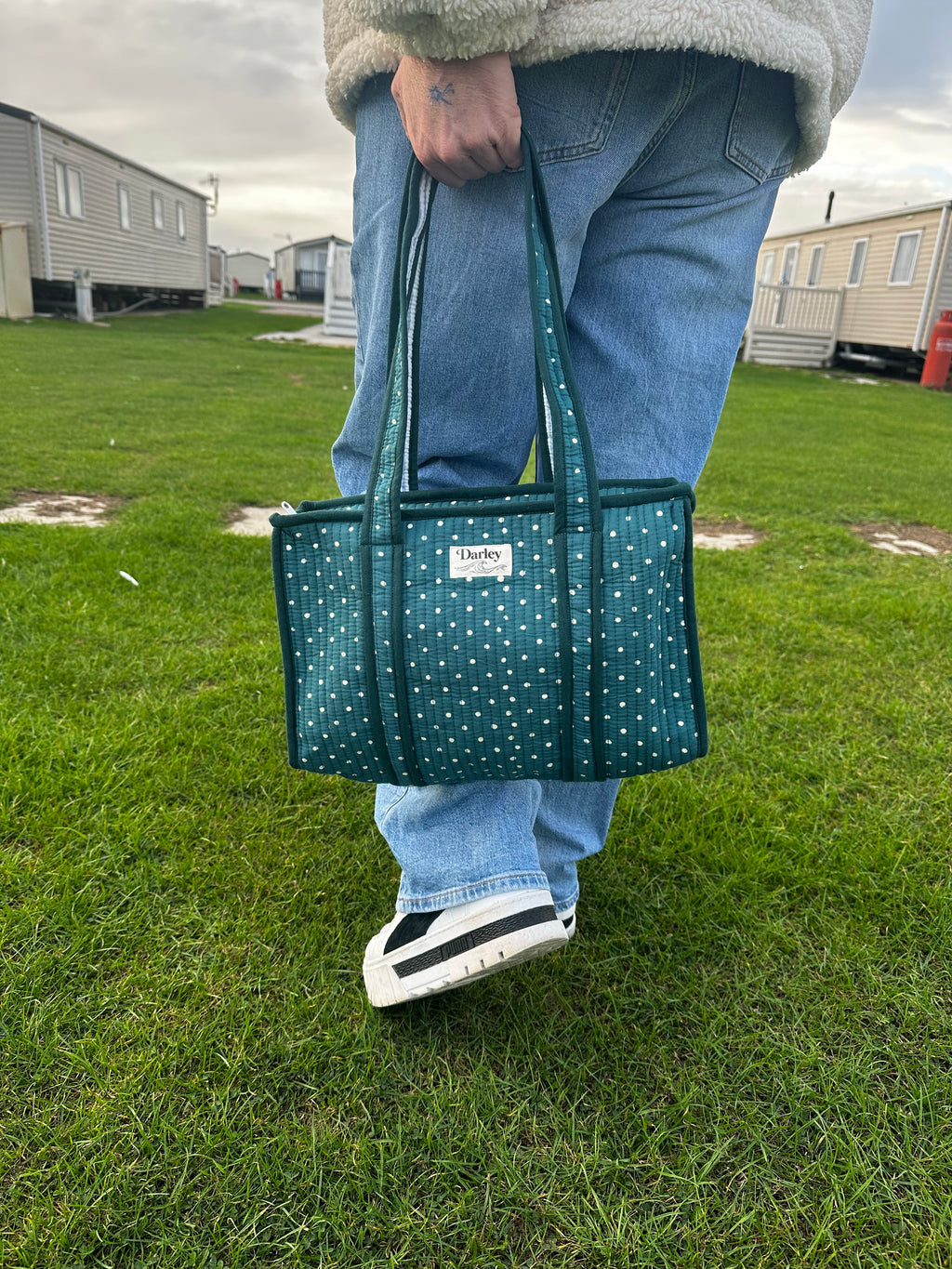 Midi Teal Polka Dot Zipped Tote Bag