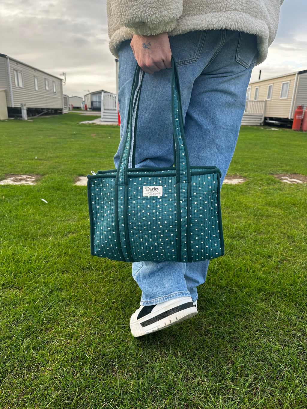 Midi Teal Polka Dot Zipped Tote Bag