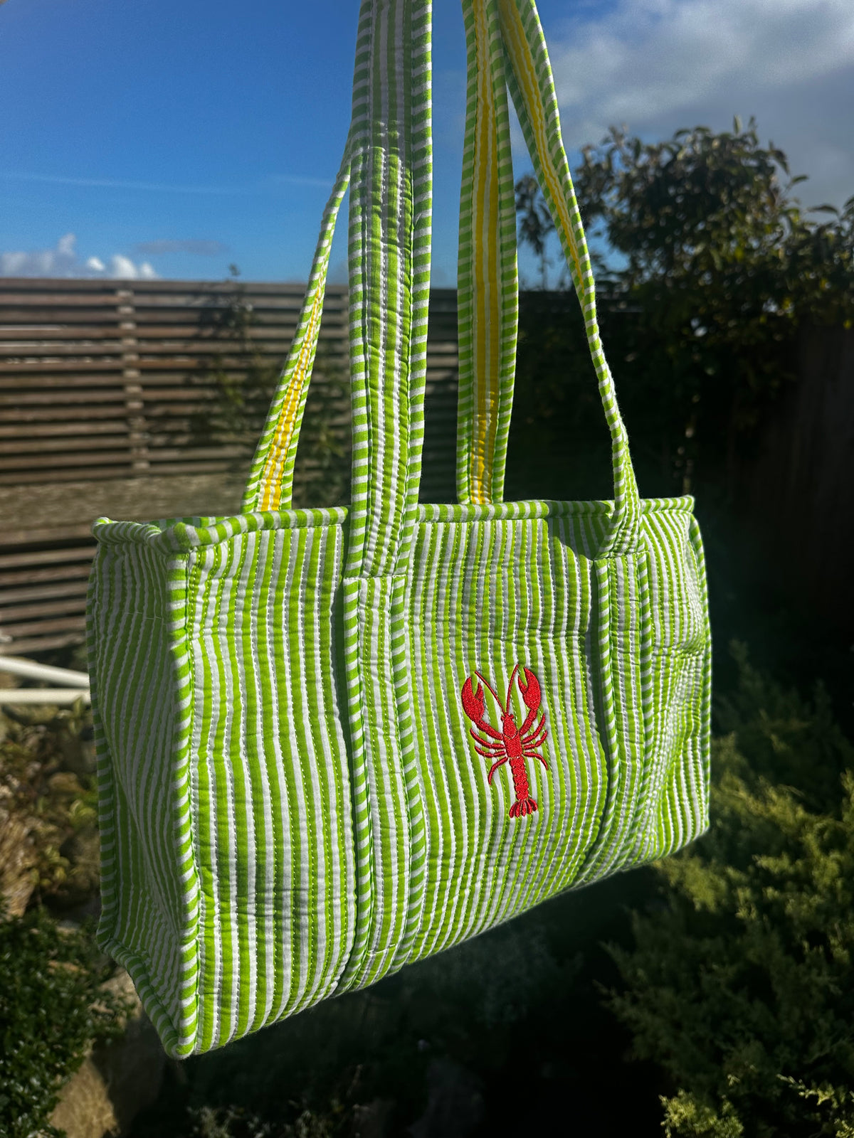Green Embroidered Lobster Midi Tote Bag