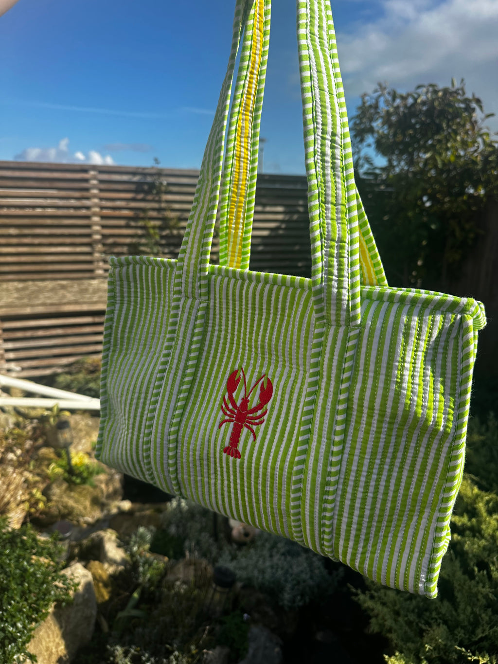 Green Embroidered Lobster Midi Tote Bag