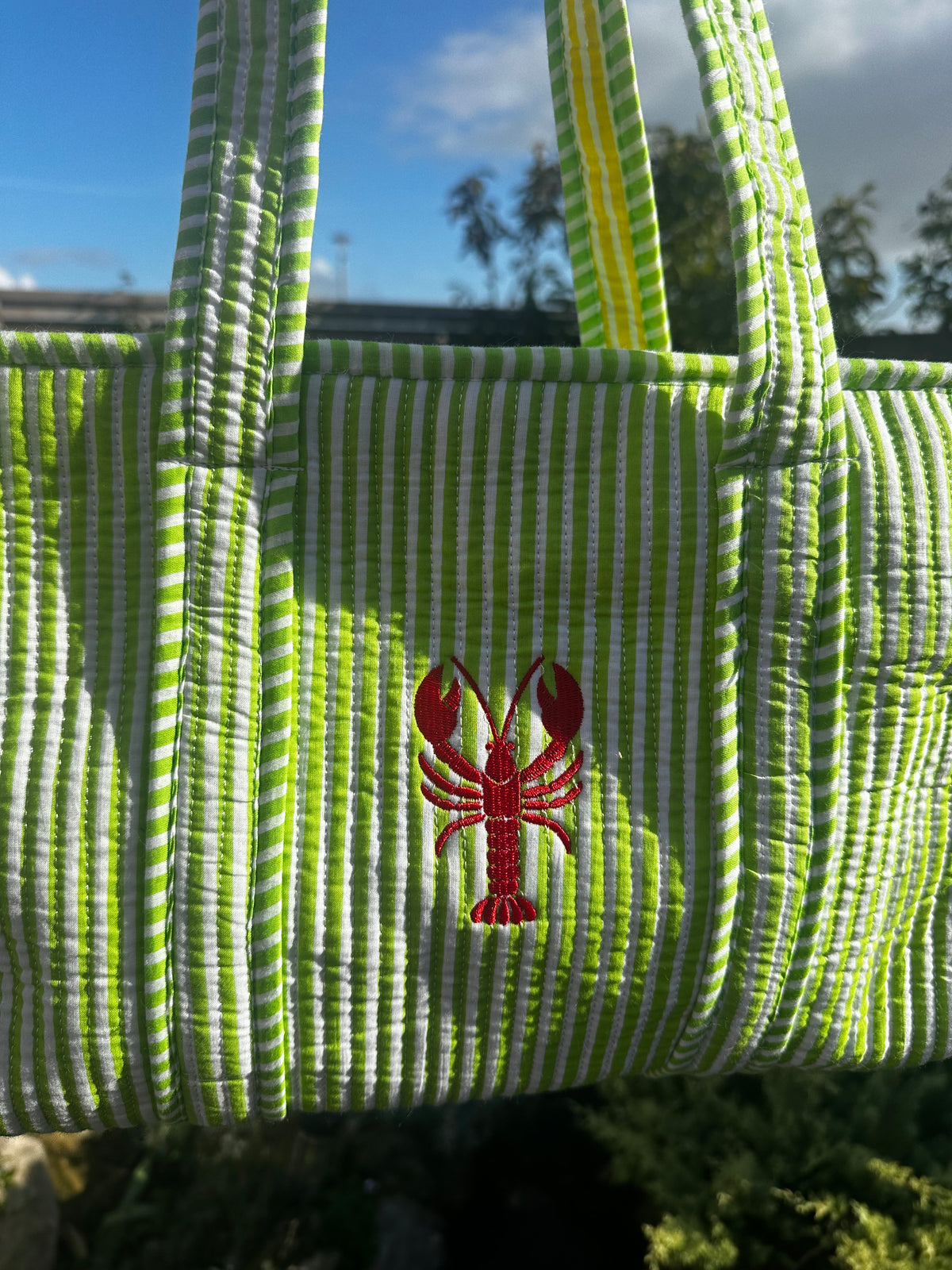 Green Embroidered Lobster Midi Tote Bag