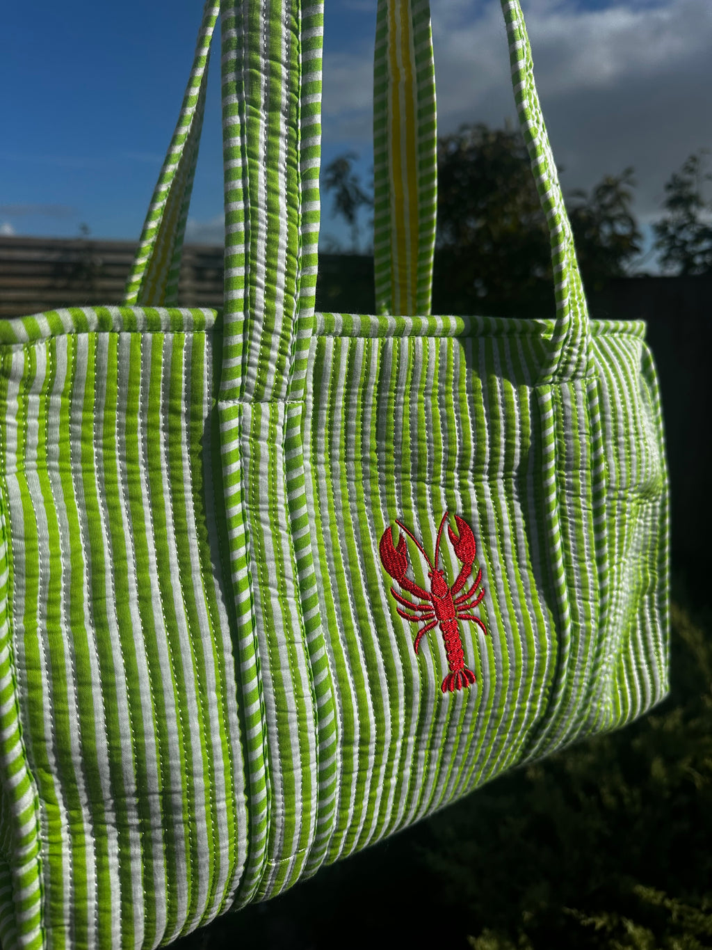 Green Embroidered Lobster Midi Tote Bag