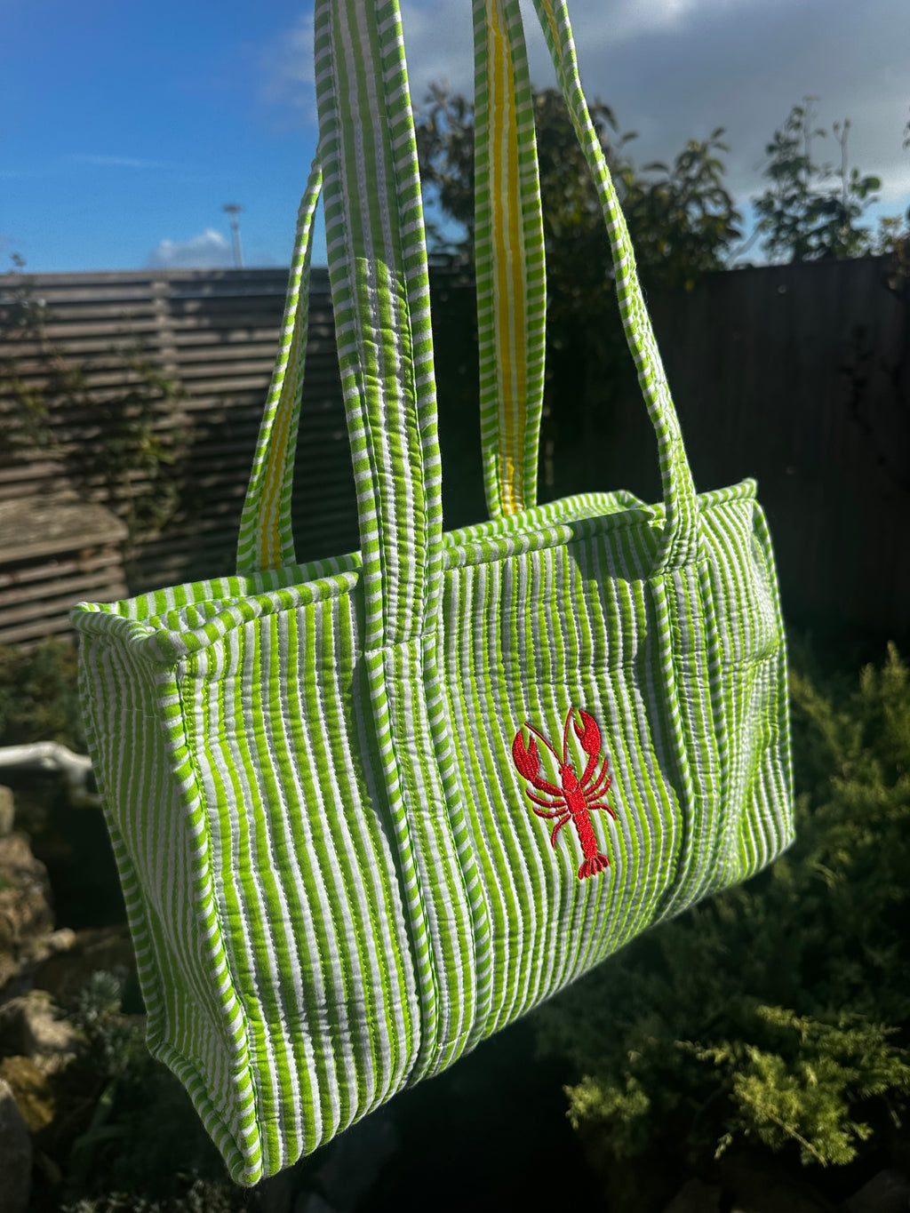 Green Embroidered Lobster Midi Tote Bag