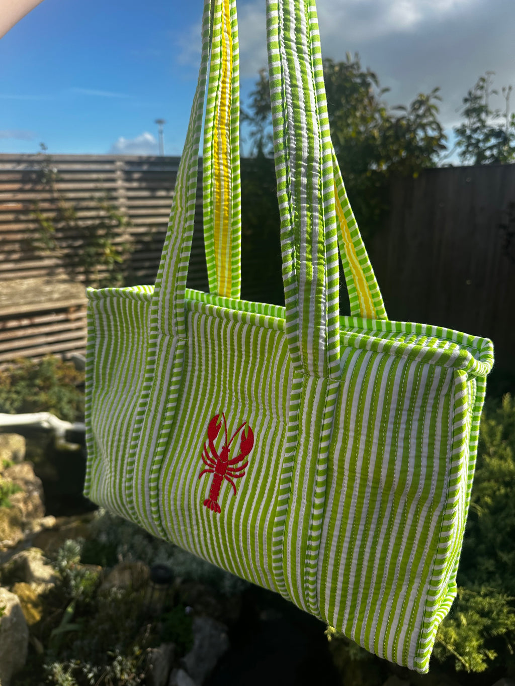 Green Embroidered Lobster Midi Tote Bag