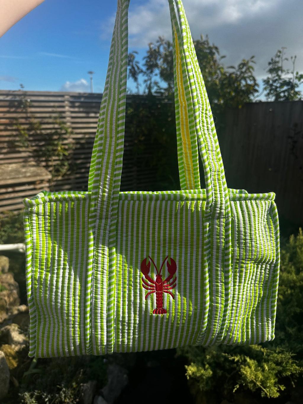 Green Embroidered Lobster Midi Tote Bag