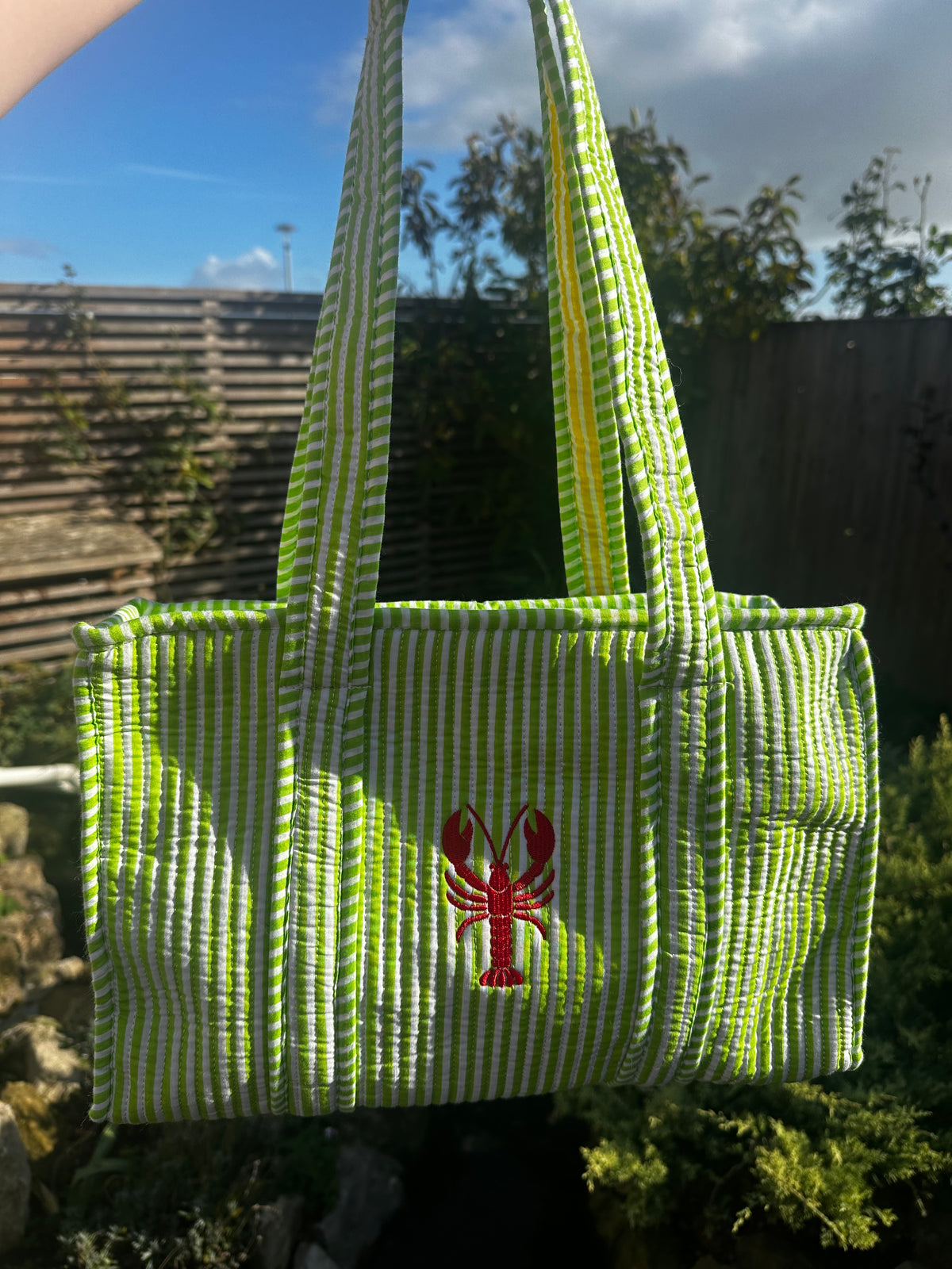 Green Embroidered Lobster Midi Tote Bag