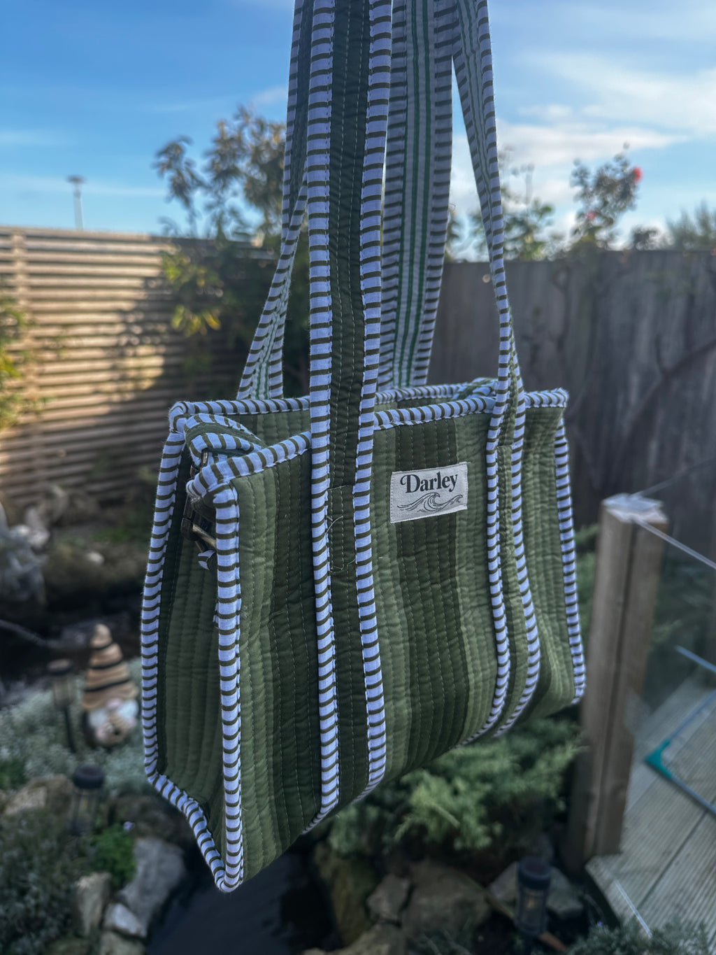 Green Striped Mini Zipped Tote Bag