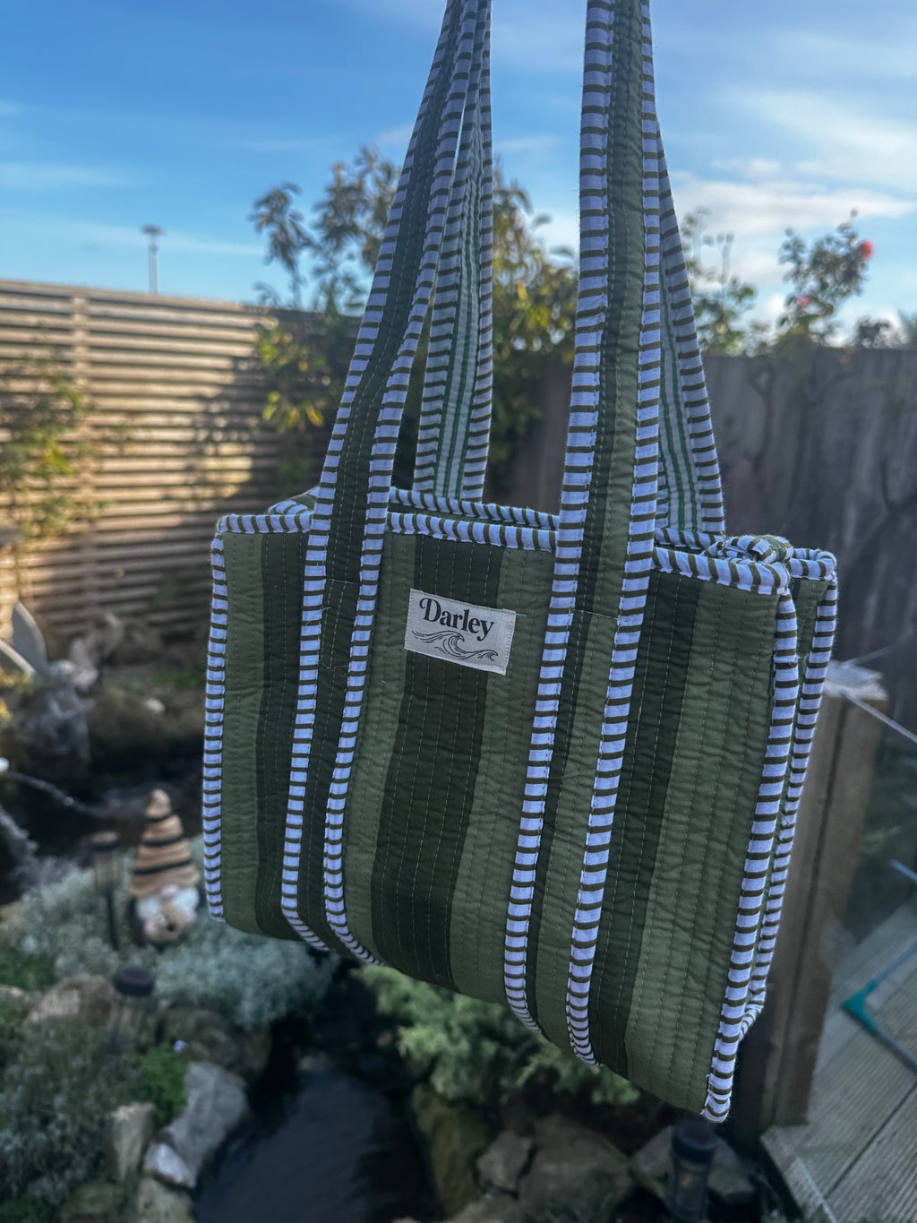 Green Striped Mini Zipped Tote Bag