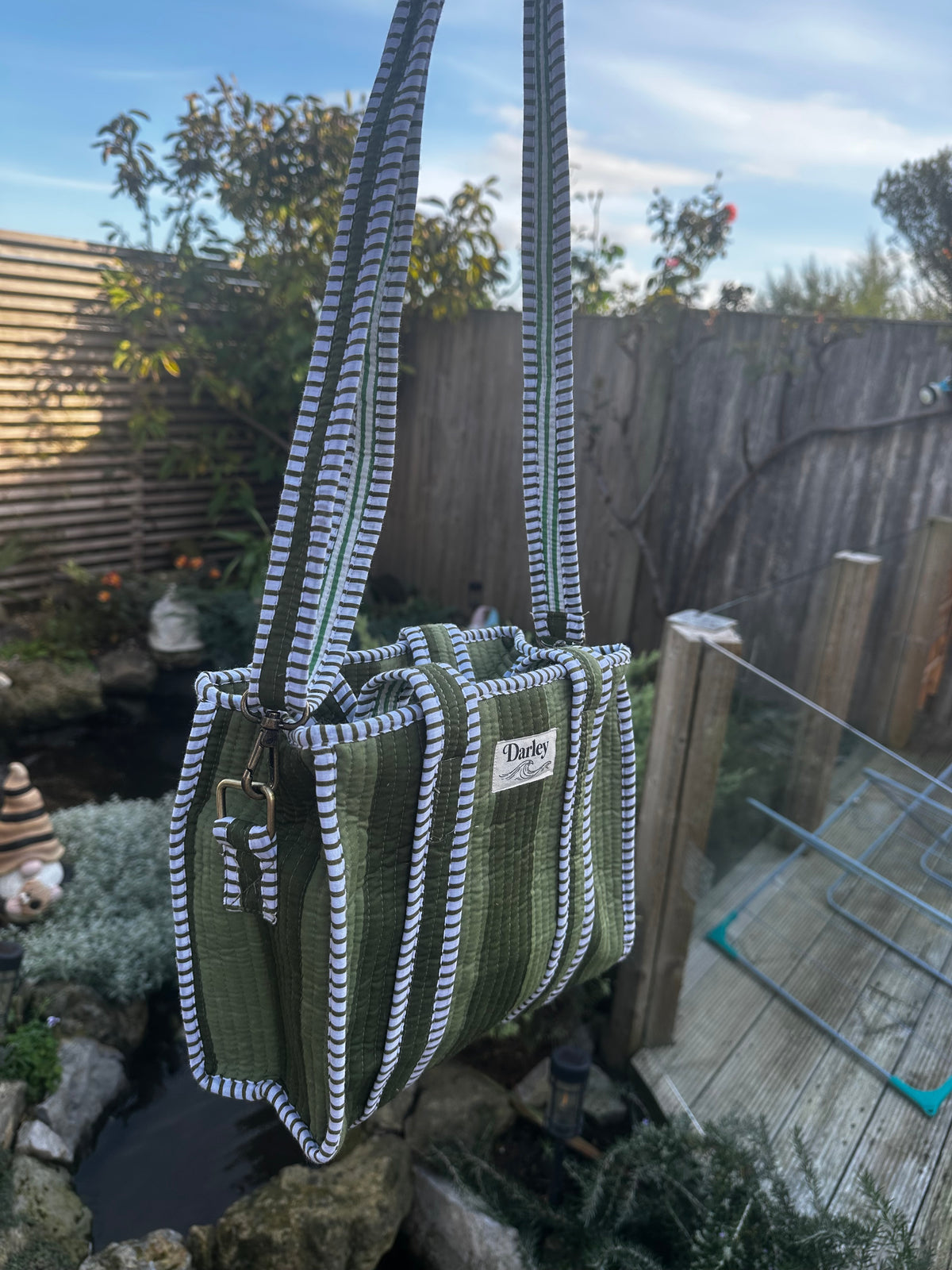 Green Striped Mini Zipped Tote Bag