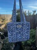 White with blue floral mini zipped tote bag