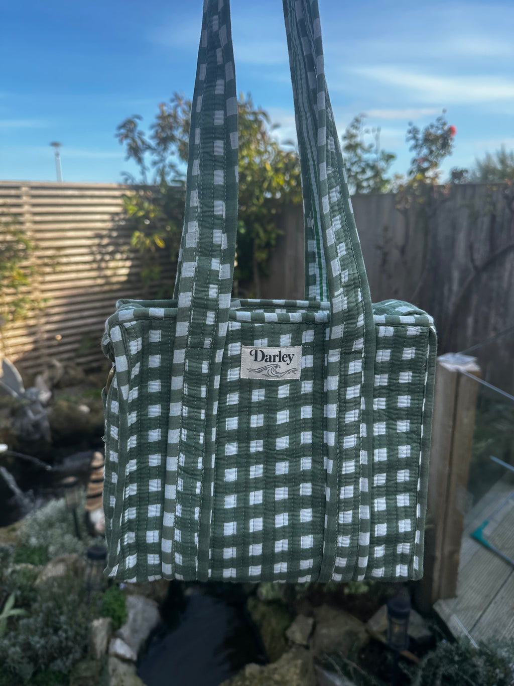 Green Gingham Mini Zipped Tote Bag